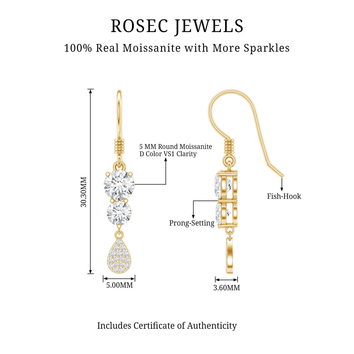 1.75 CT Moissanite Minimal Dangle Earrings in Gold