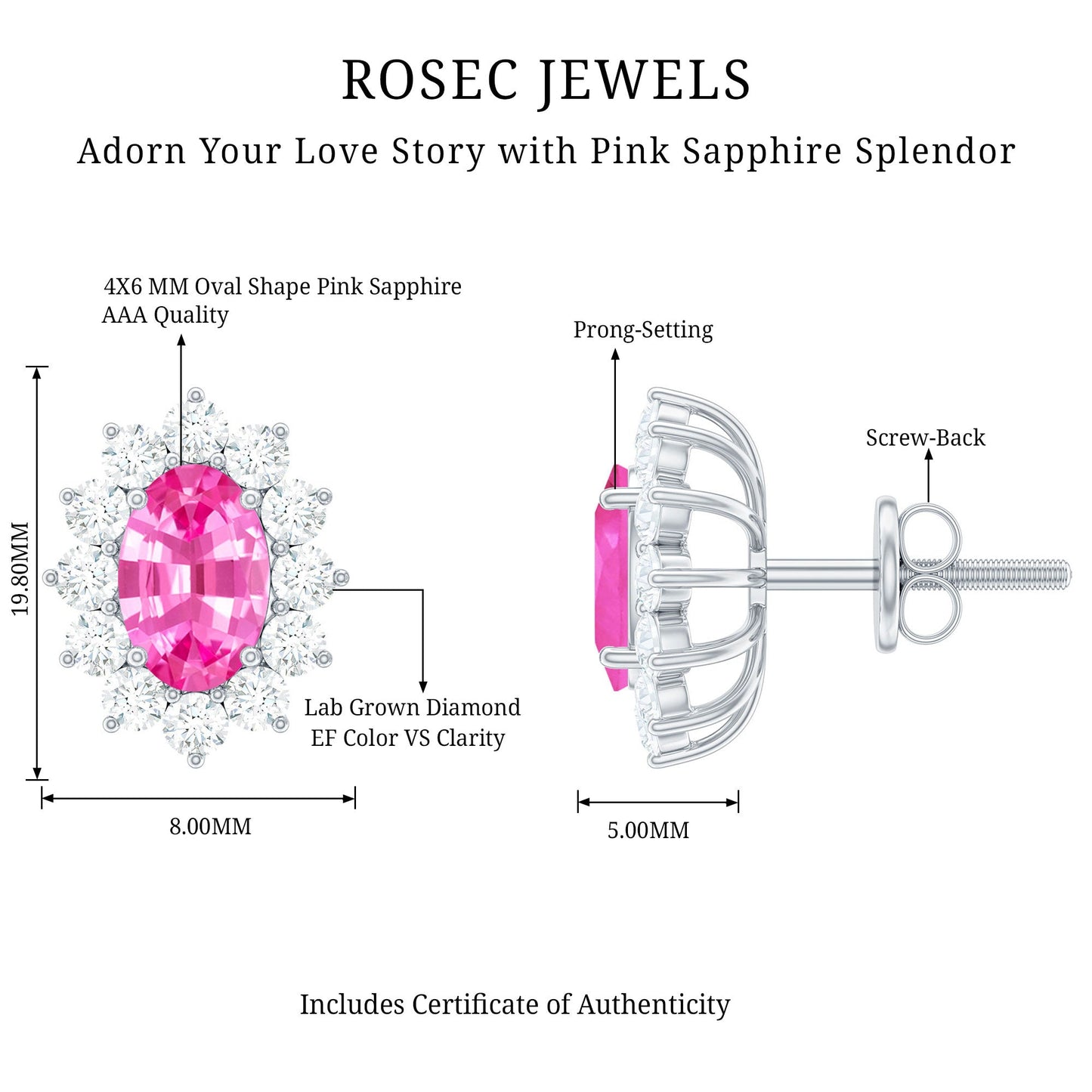 Genuine Pink Sapphire Halo Stud Earrings with Diamond
