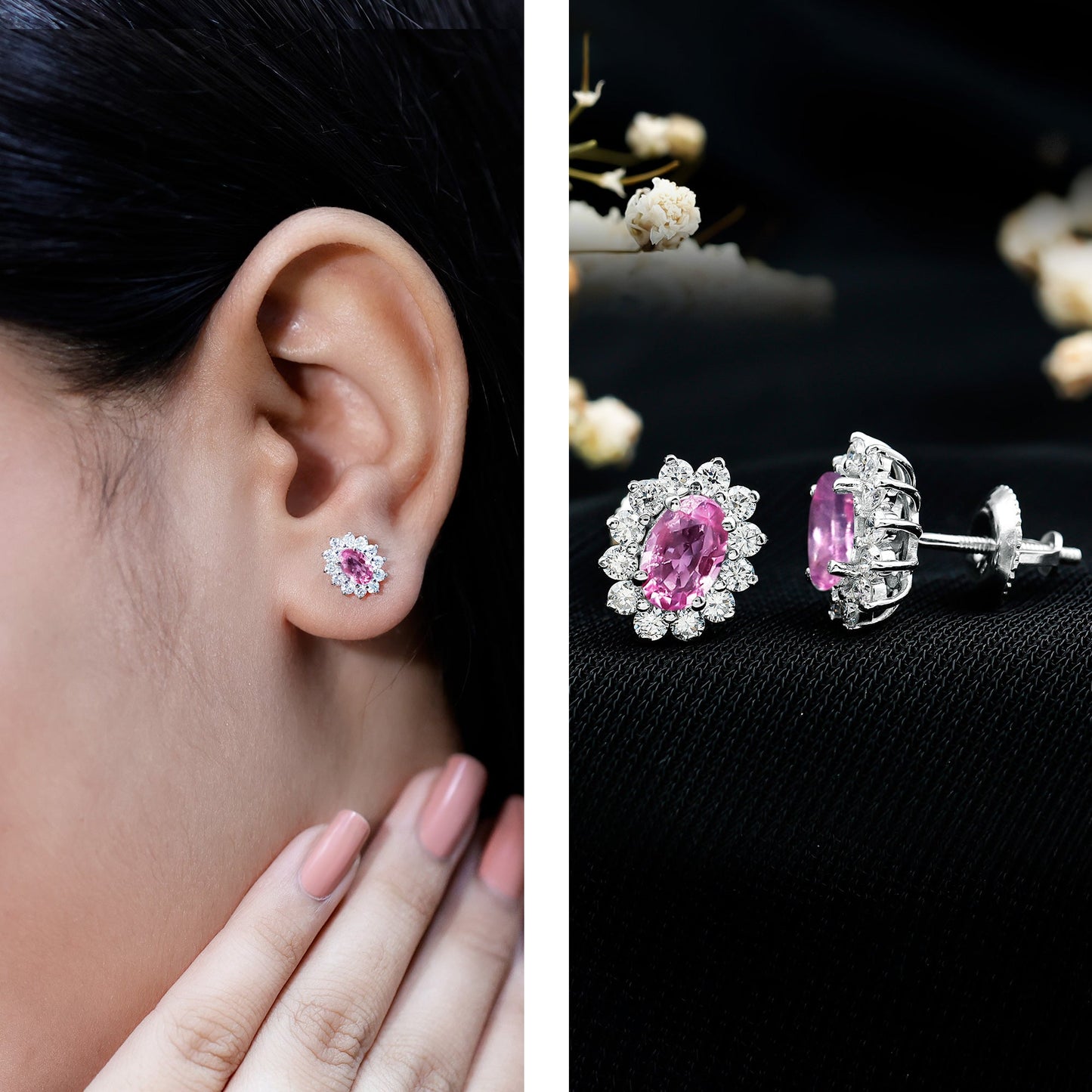 Genuine Pink Sapphire Halo Stud Earrings with Diamond