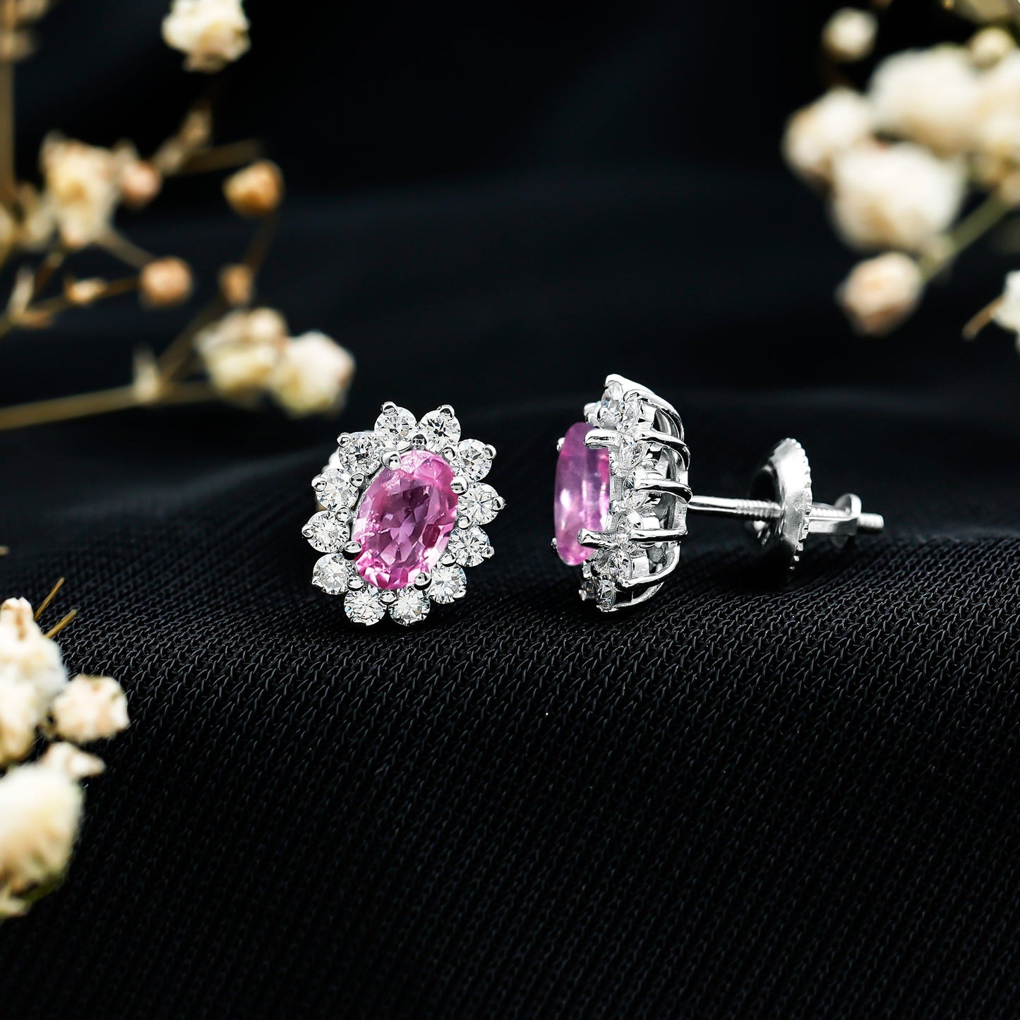 Genuine Pink Sapphire Halo Stud Earrings with Diamond