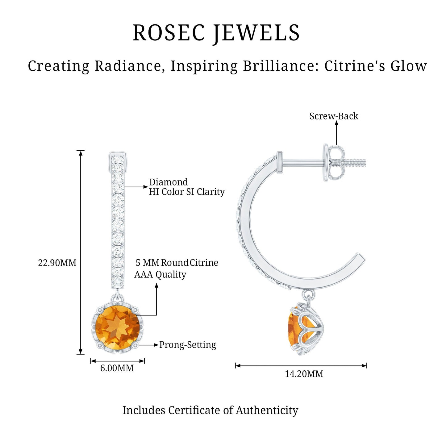 Natural Citrine Diamond Drop Hoop Earrings with Screw Back