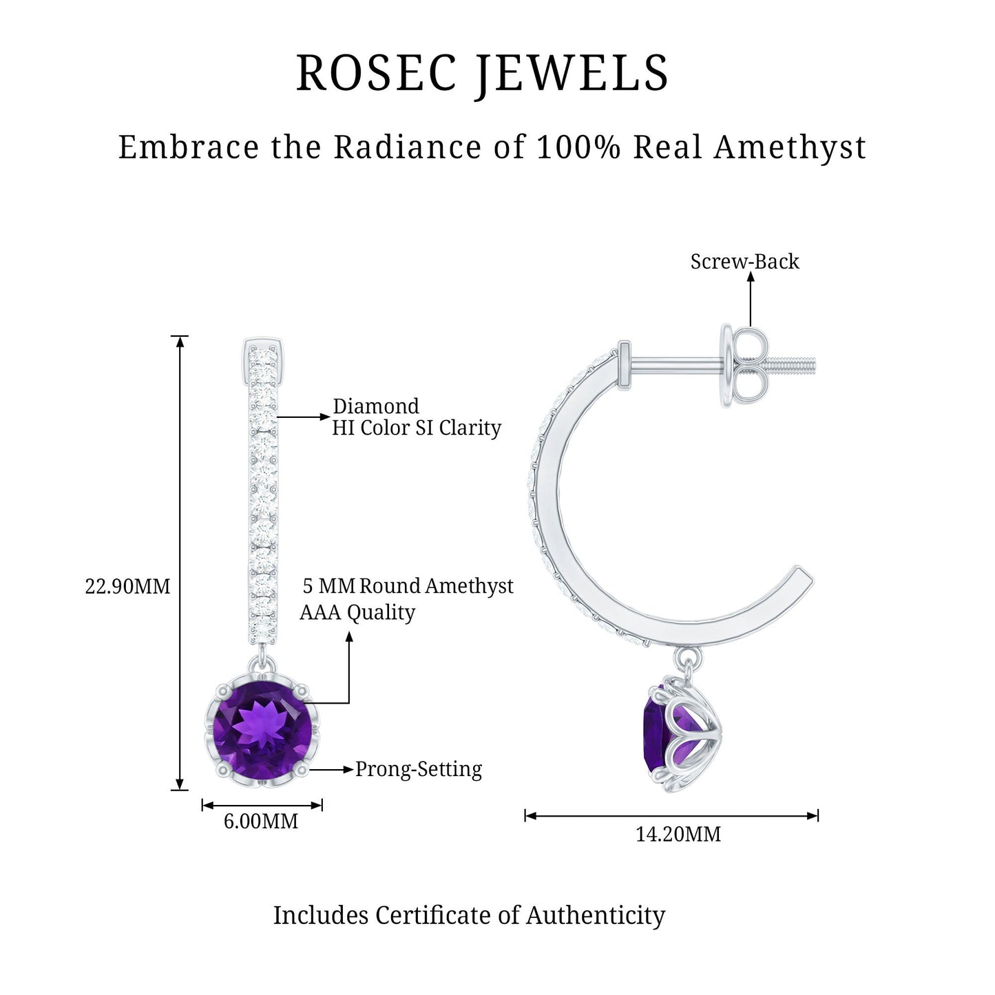 Natural Amethyst Hoop Drop Earrings with Diamond