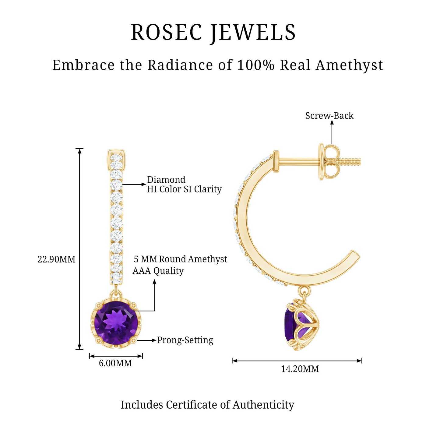 Natural Amethyst Hoop Drop Earrings with Diamond