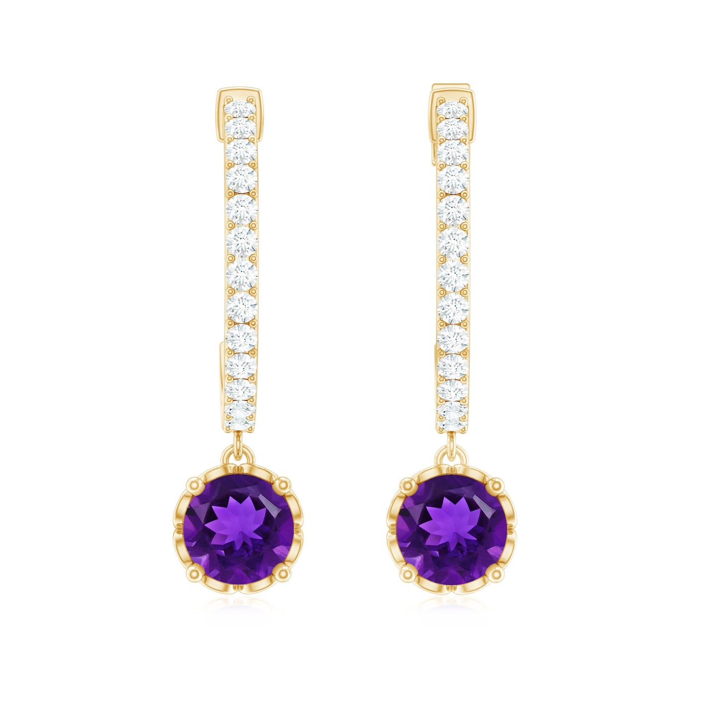 Natural Amethyst Hoop Drop Earrings with Diamond