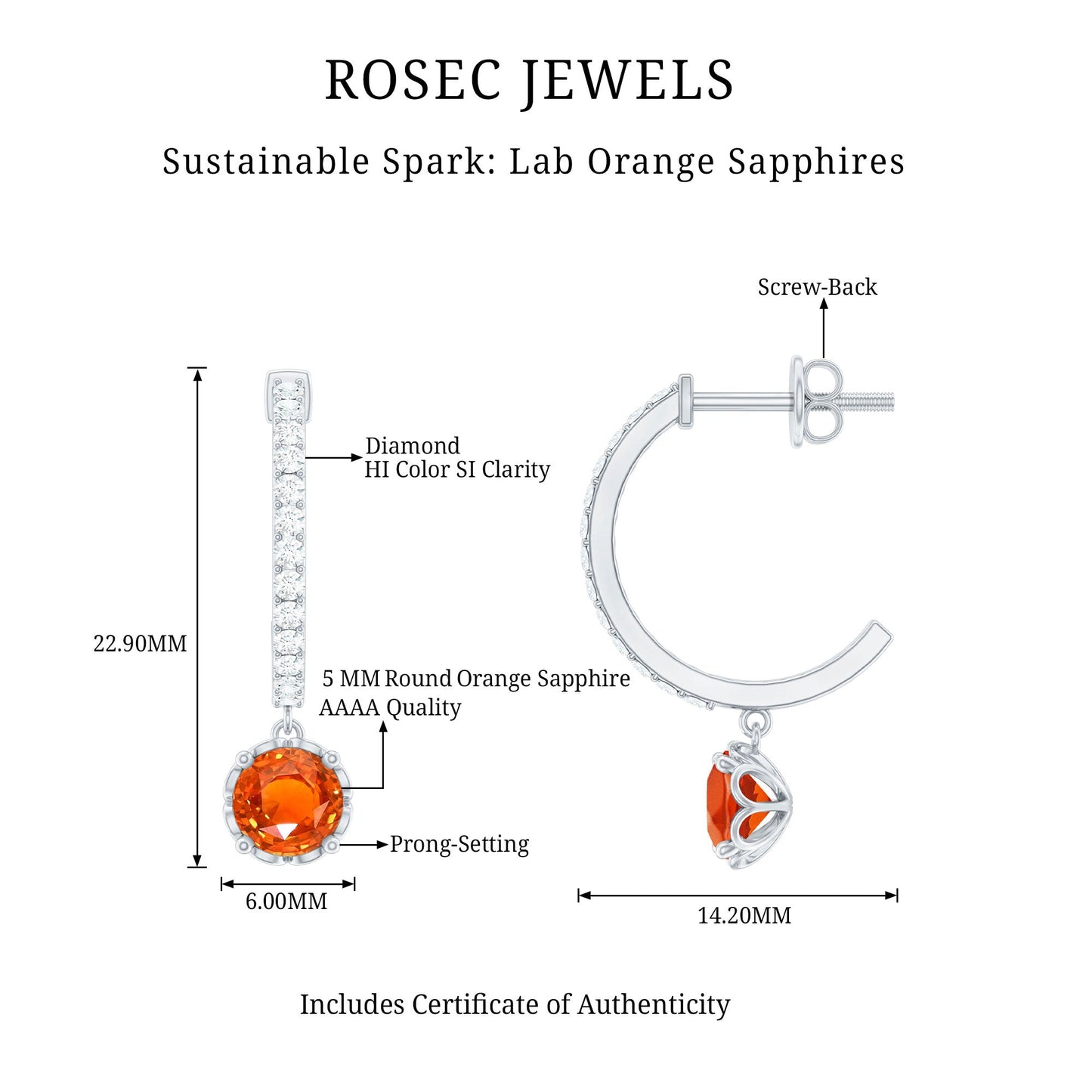 Lab Created Orange Sapphire and Diamond Hoop Drop Earrings