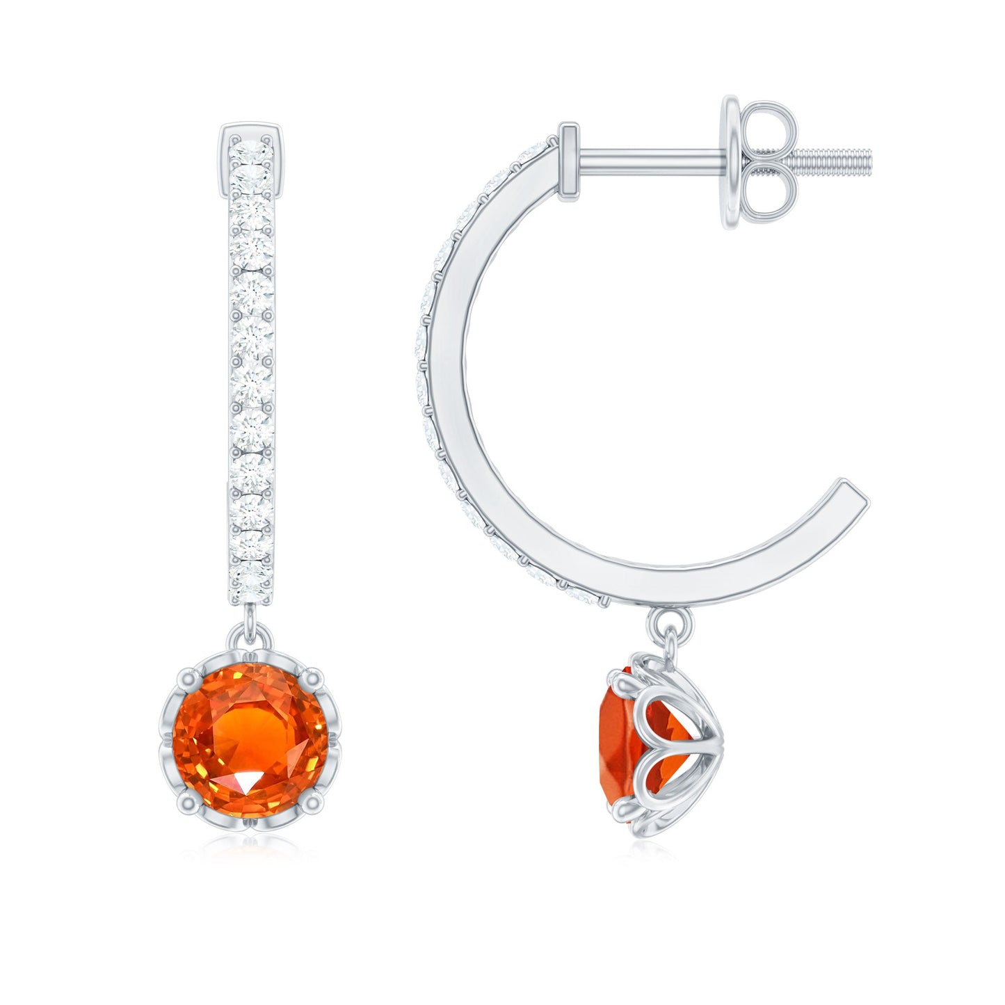 Lab Created Orange Sapphire and Diamond Hoop Drop Earrings