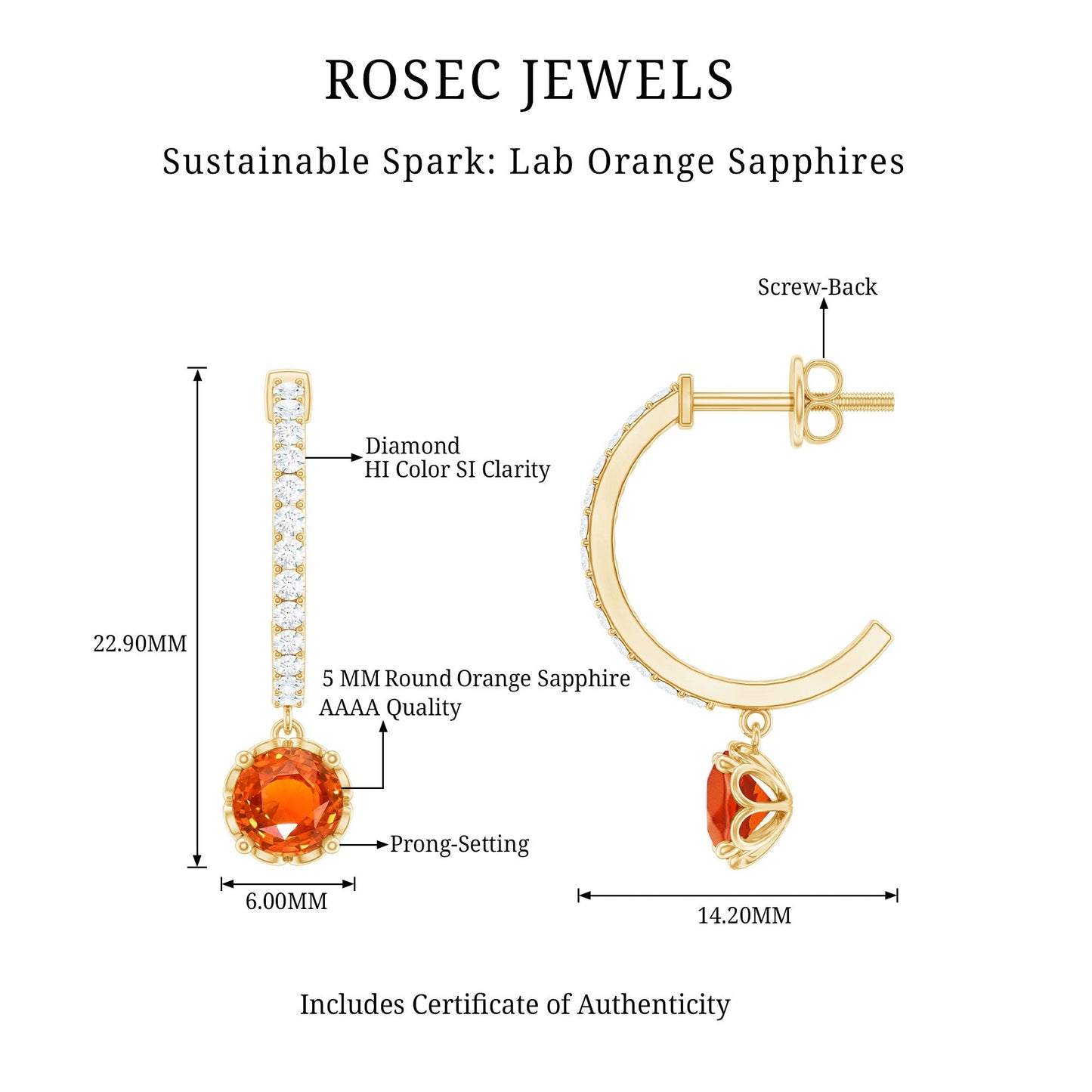 Lab Created Orange Sapphire and Diamond Hoop Drop Earrings