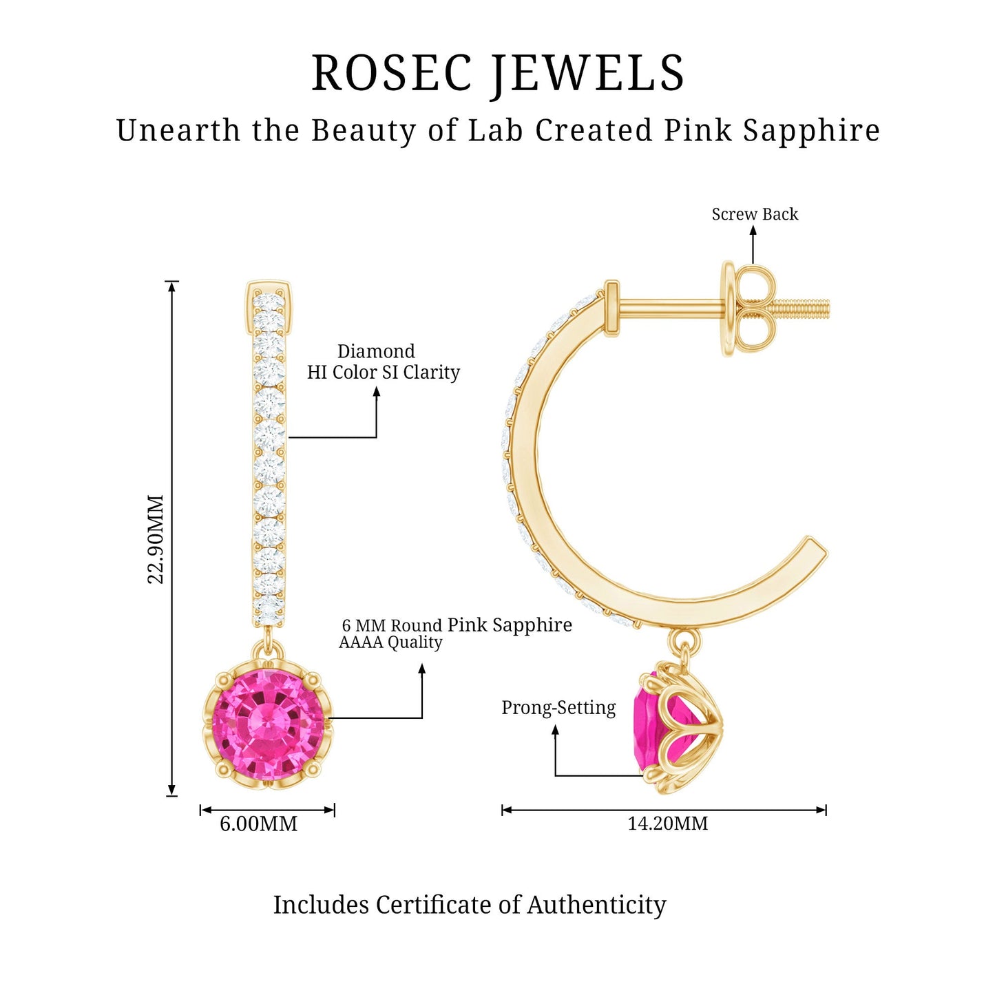 Lab Created Pink Sapphire and Diamond Hoop Drop Earrings