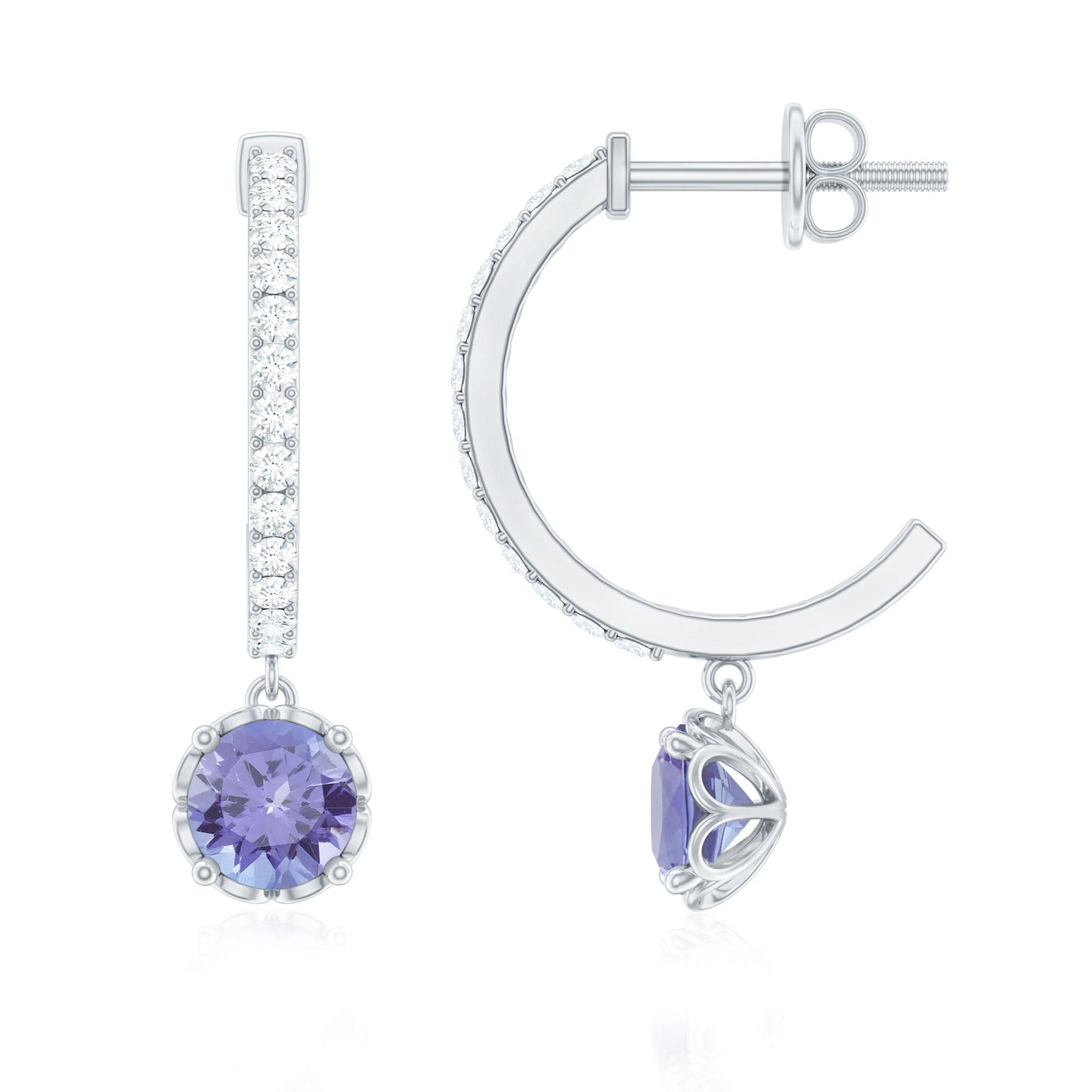 Natural 1 Carat Tanzanite Drop Hoop Earrings with Diamond