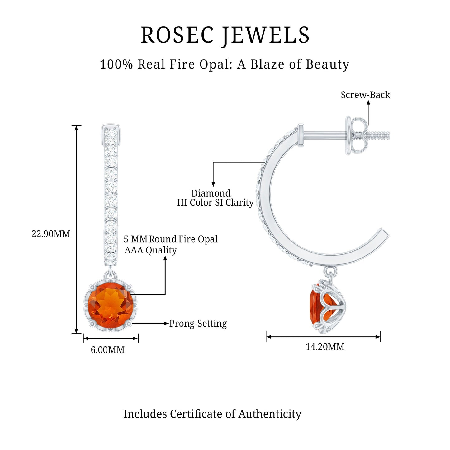Certified Real Fire Opal Drop Hoop Earrings with Diamond