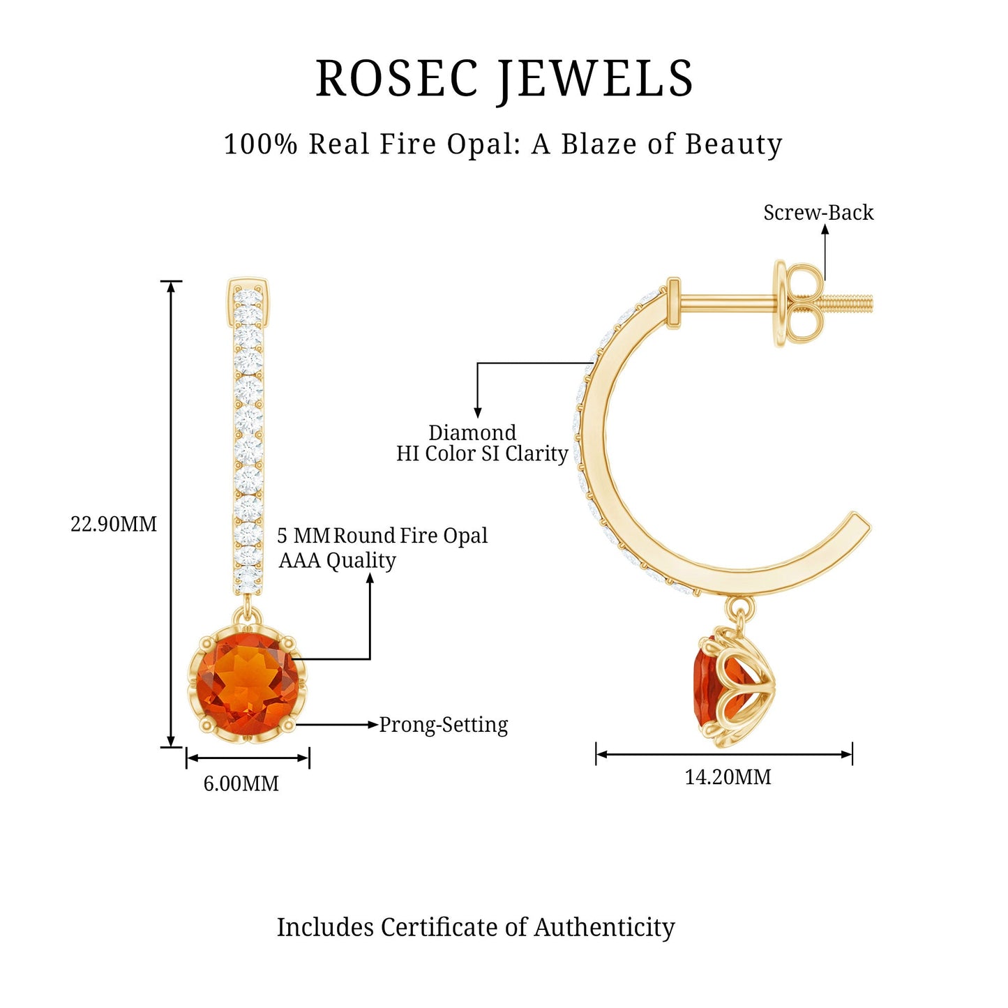Certified Real Fire Opal Drop Hoop Earrings with Diamond