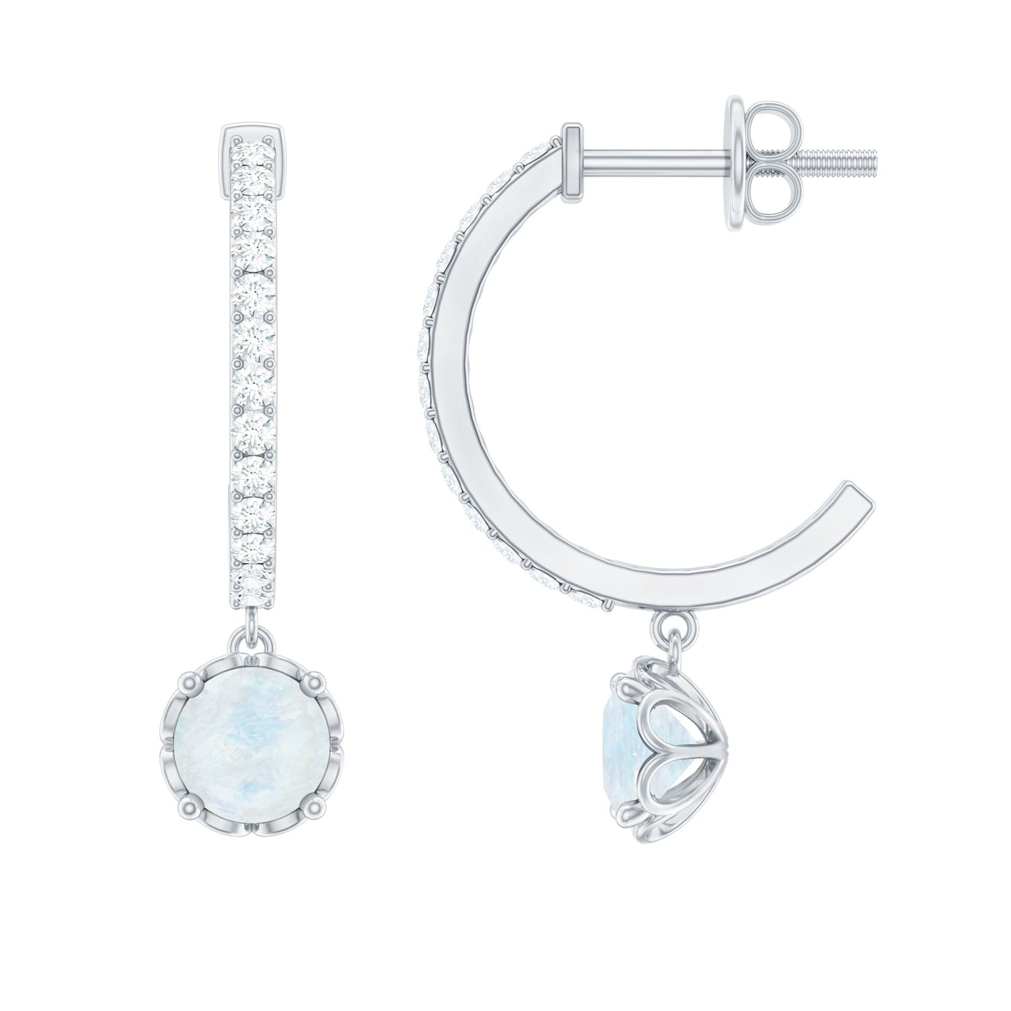 Natural Moonstone Drop Earrings with Diamond Hoop