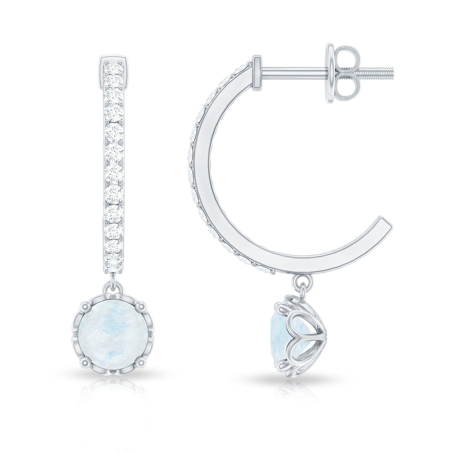 Natural Moonstone Drop Earrings with Diamond Hoop