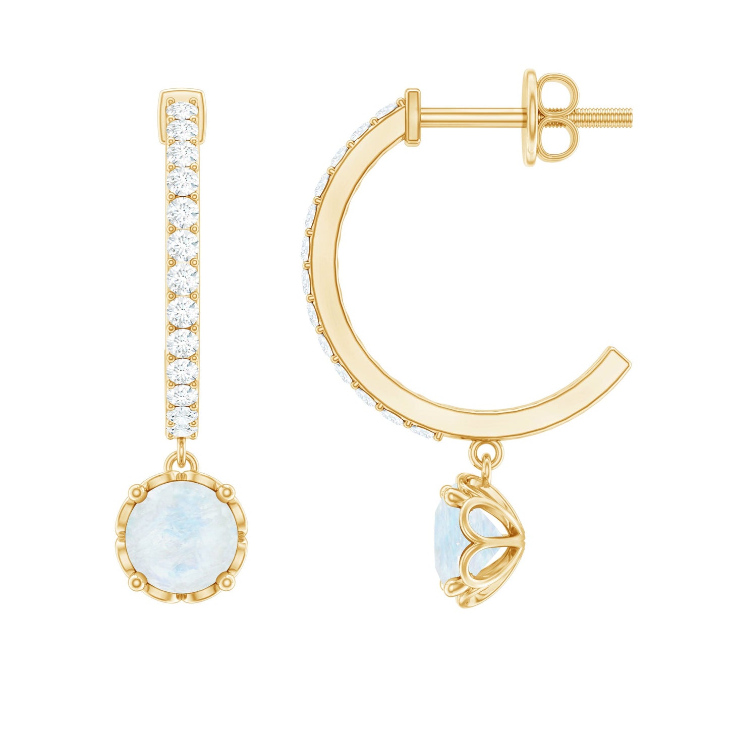 Natural Moonstone Drop Earrings with Diamond Hoop