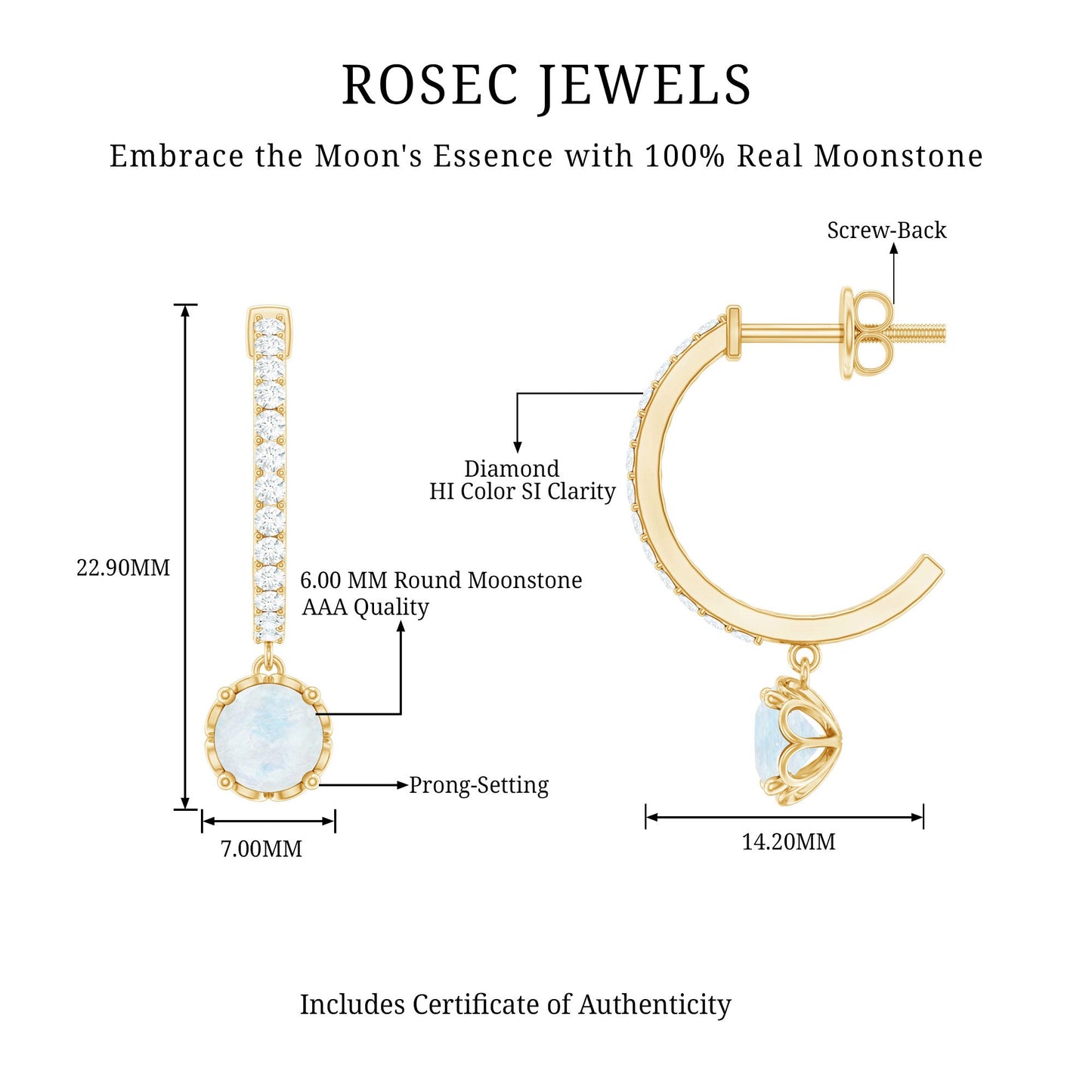 Natural Moonstone Drop Earrings with Diamond Hoop