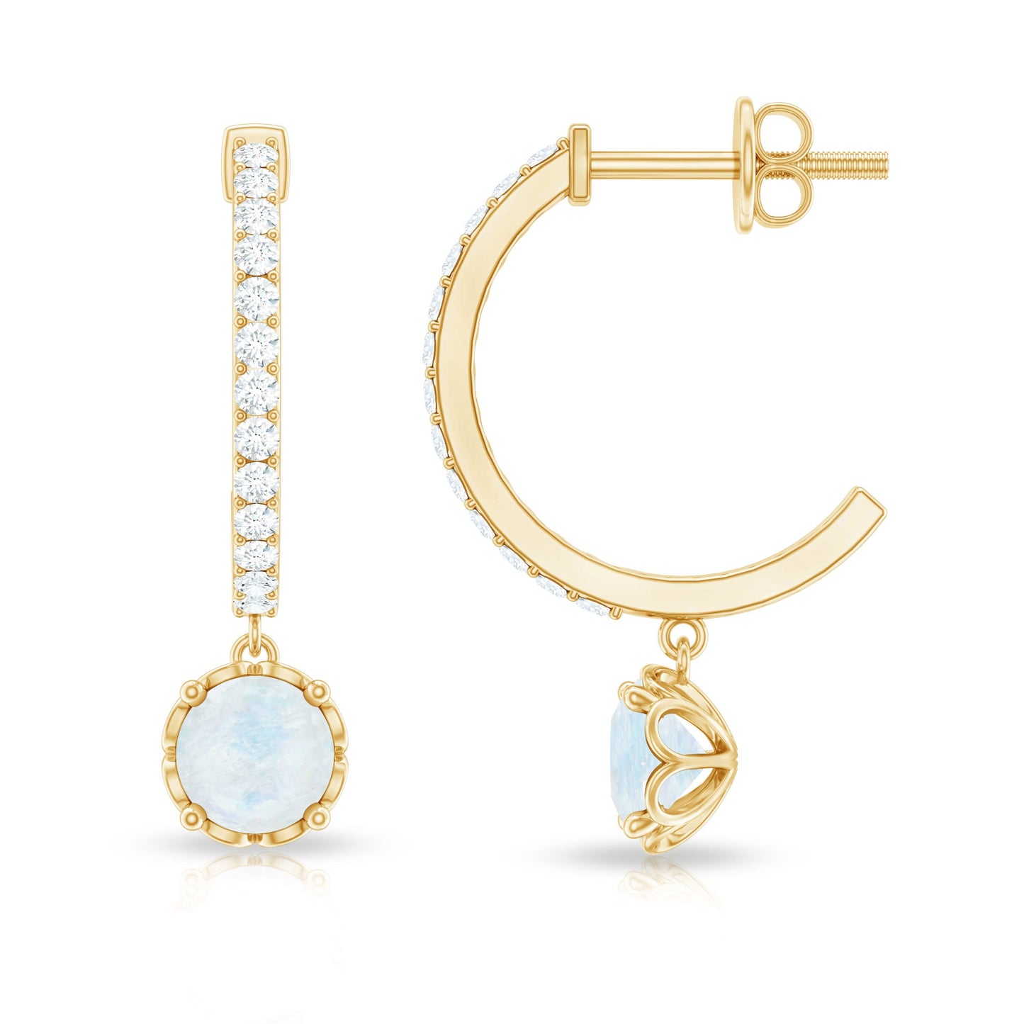 Natural Moonstone Drop Earrings with Diamond Hoop