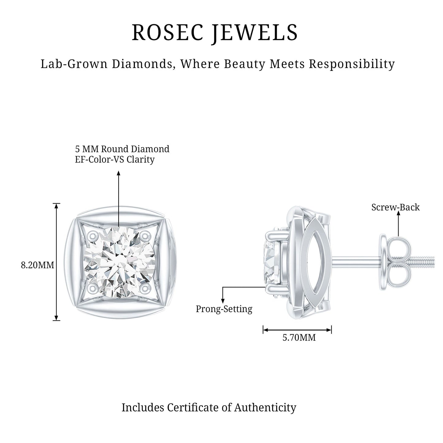 5 MM Round Lab Grown Diamond Stud Earrings With Screw Back