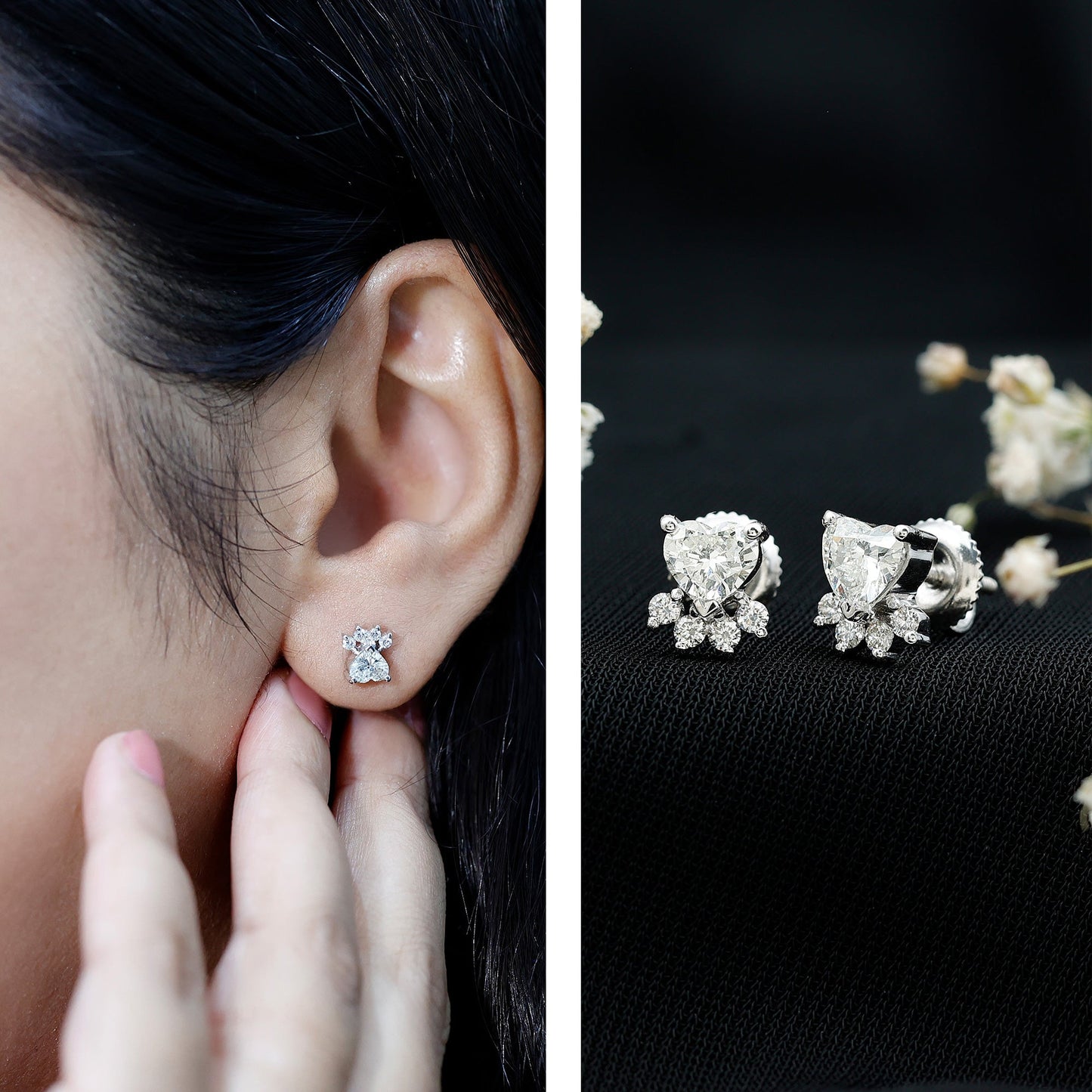Natural Heart Shaped Diamond Dog Paw Stud Earrings