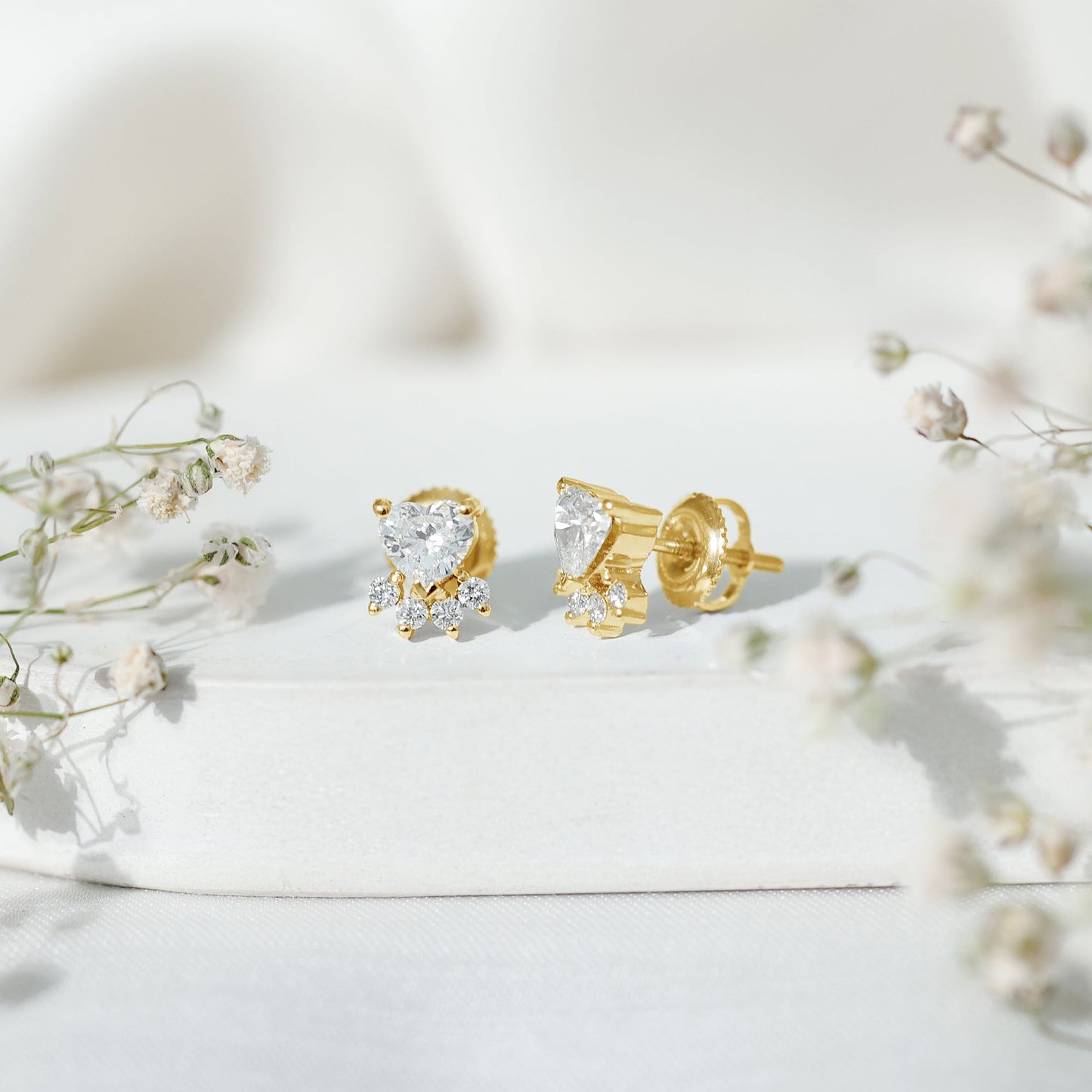 Natural Heart Shaped Diamond Dog Paw Stud Earrings