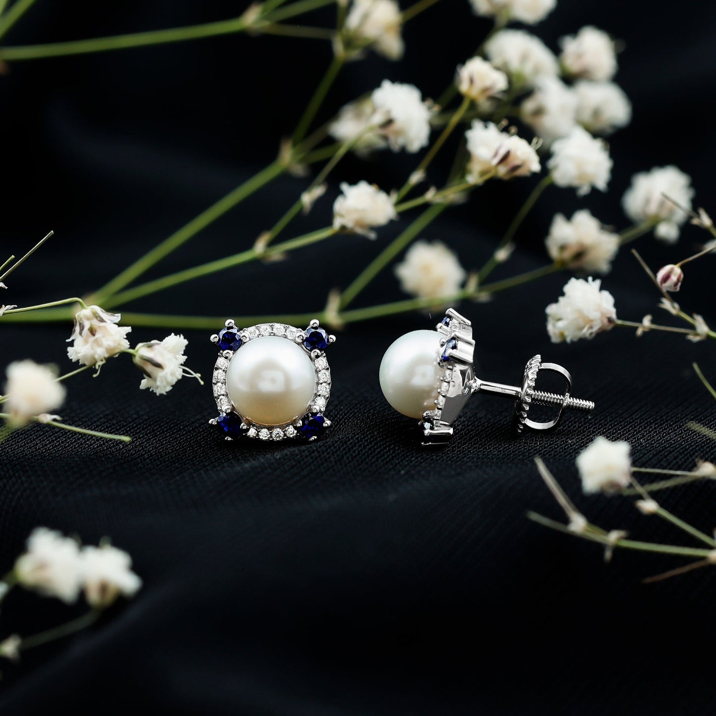 Certified Cultured Pearl and Sapphire Bridal Stud Earrings