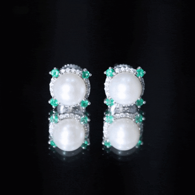 Freshwater Pearl Bridal Stud Earrings with Emerald