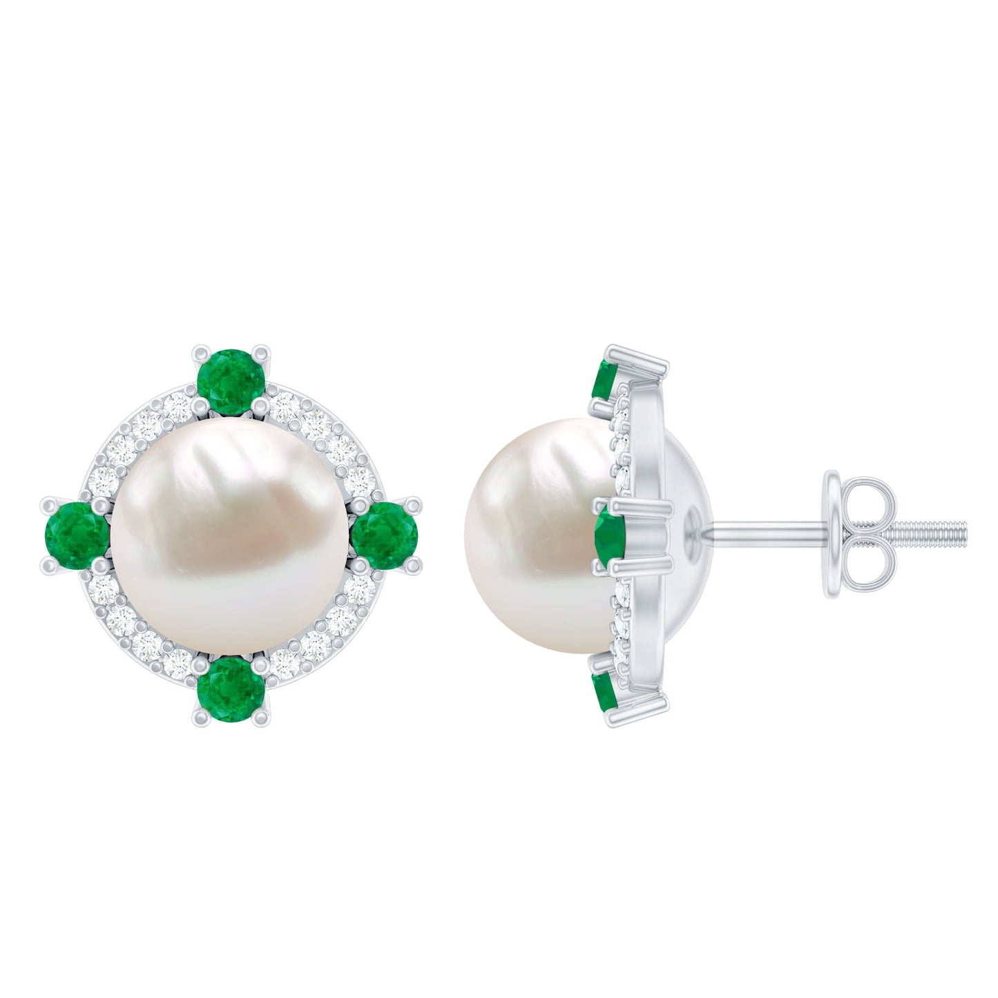 Freshwater Pearl Bridal Stud Earrings with Emerald