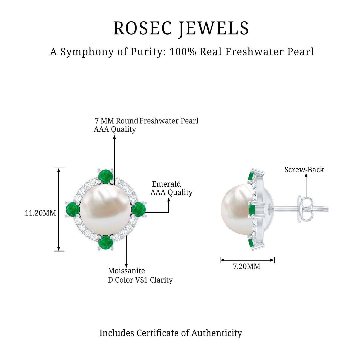Freshwater Pearl Bridal Stud Earrings with Emerald