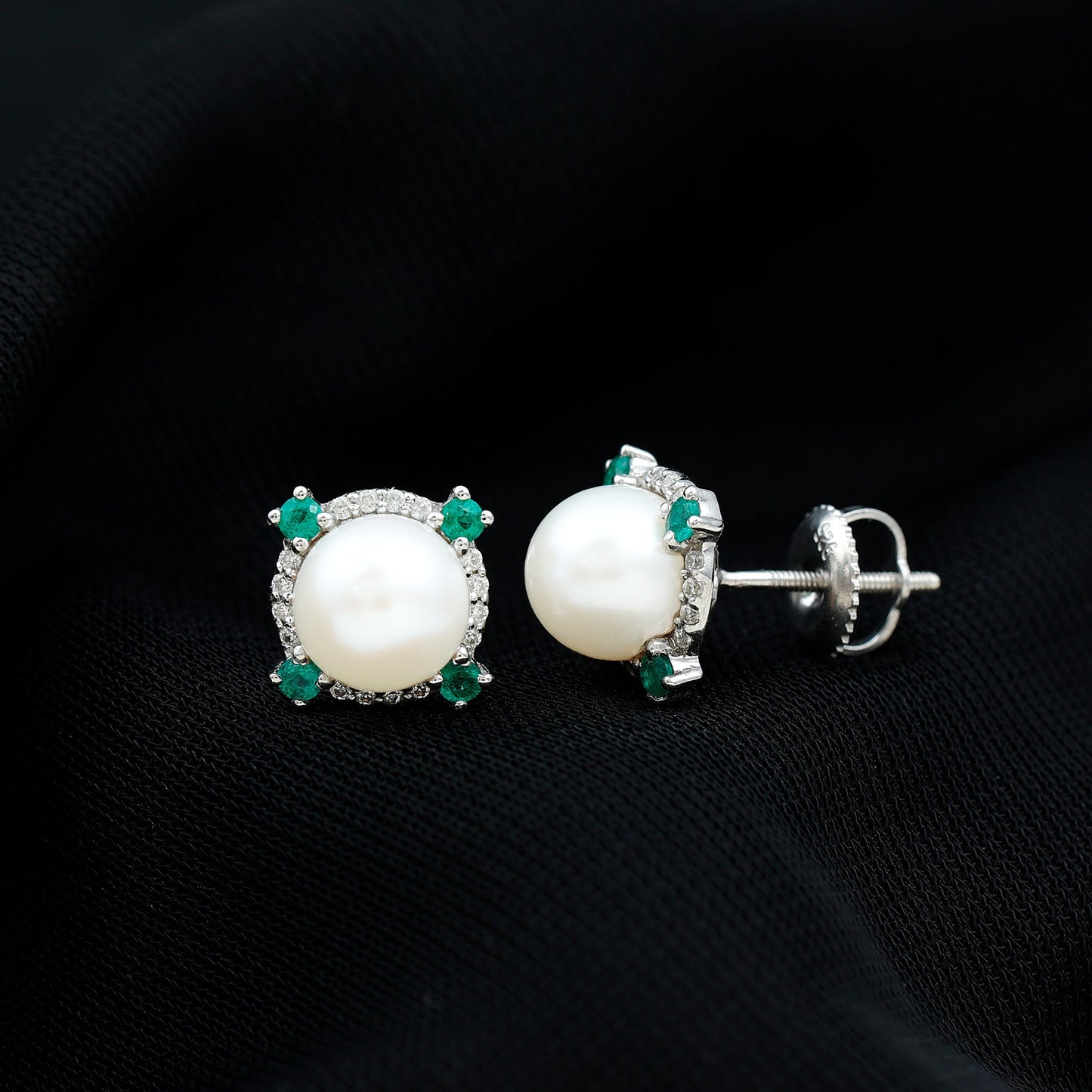 Freshwater Pearl Bridal Stud Earrings with Emerald