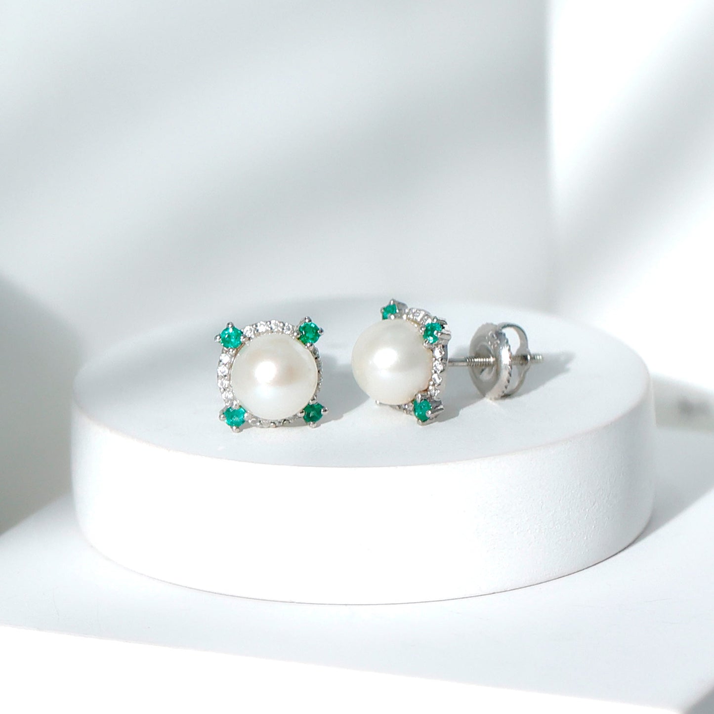 Freshwater Pearl Bridal Stud Earrings with Emerald