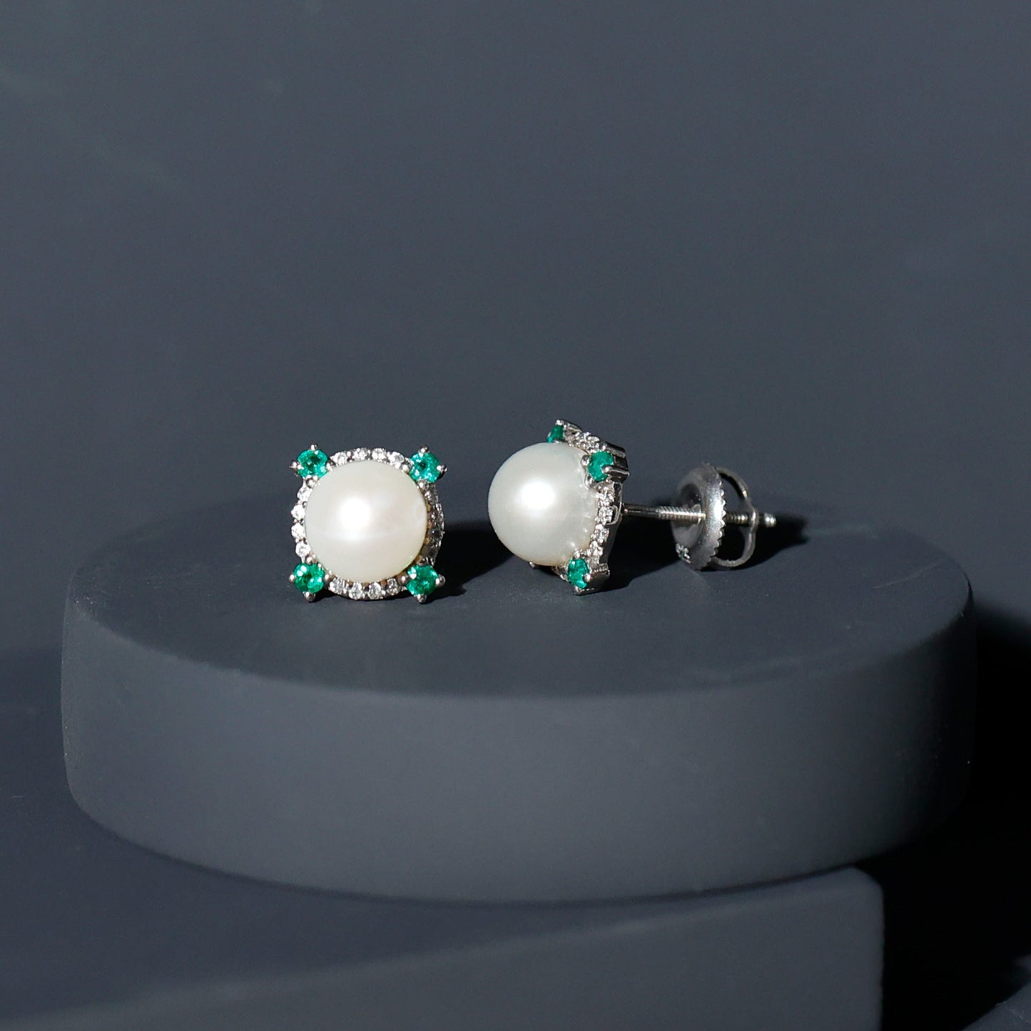 Freshwater Pearl Bridal Stud Earrings with Emerald