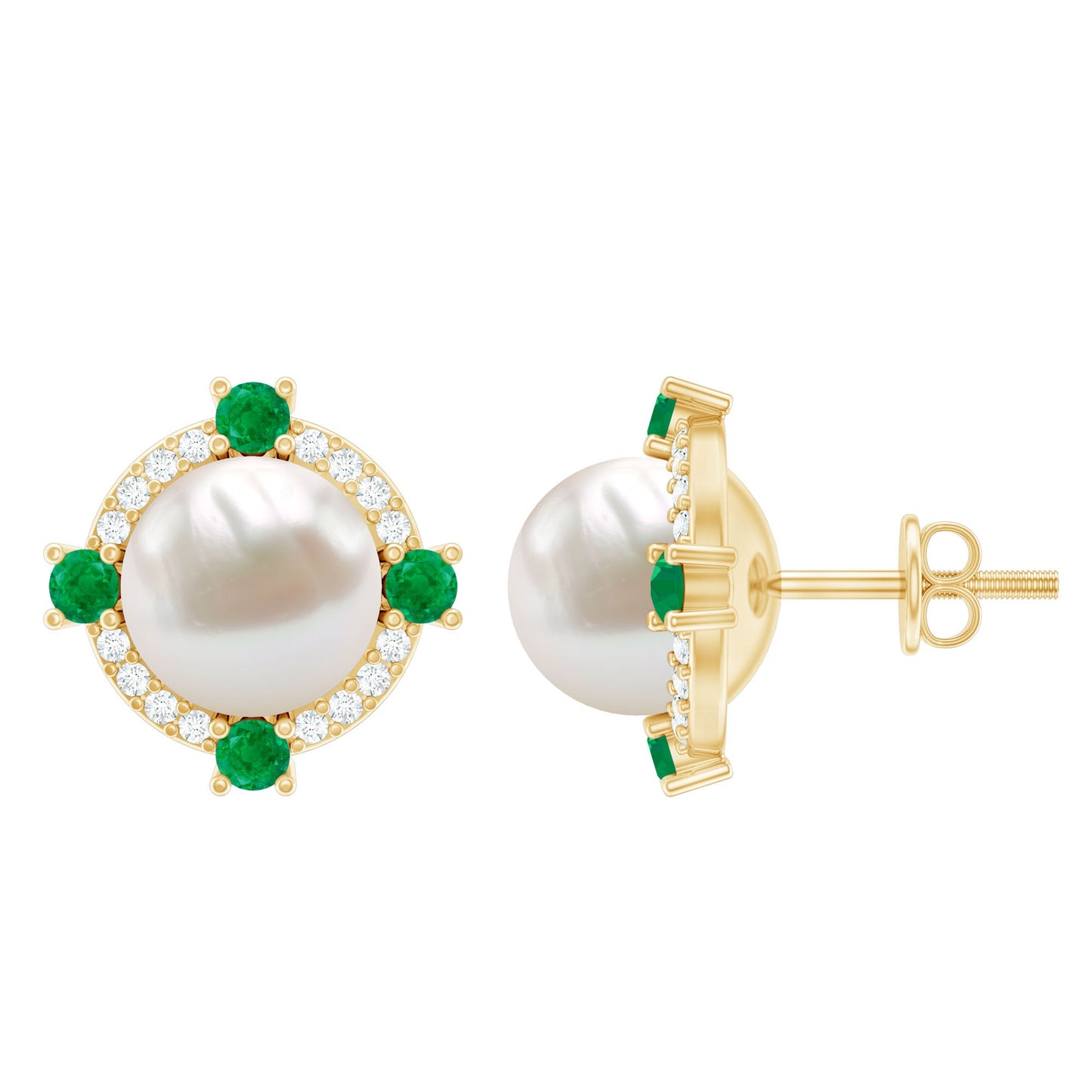 Freshwater Pearl Bridal Stud Earrings with Emerald