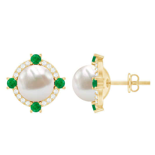 Freshwater Pearl Bridal Stud Earrings with Emerald