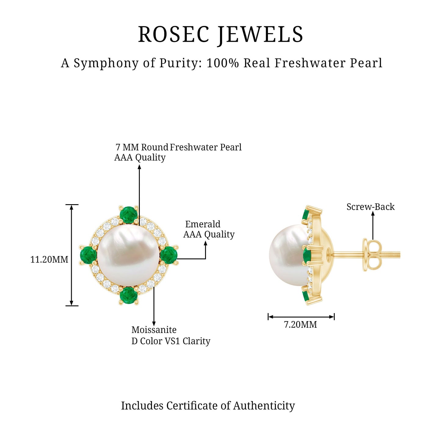 Freshwater Pearl Bridal Stud Earrings with Emerald