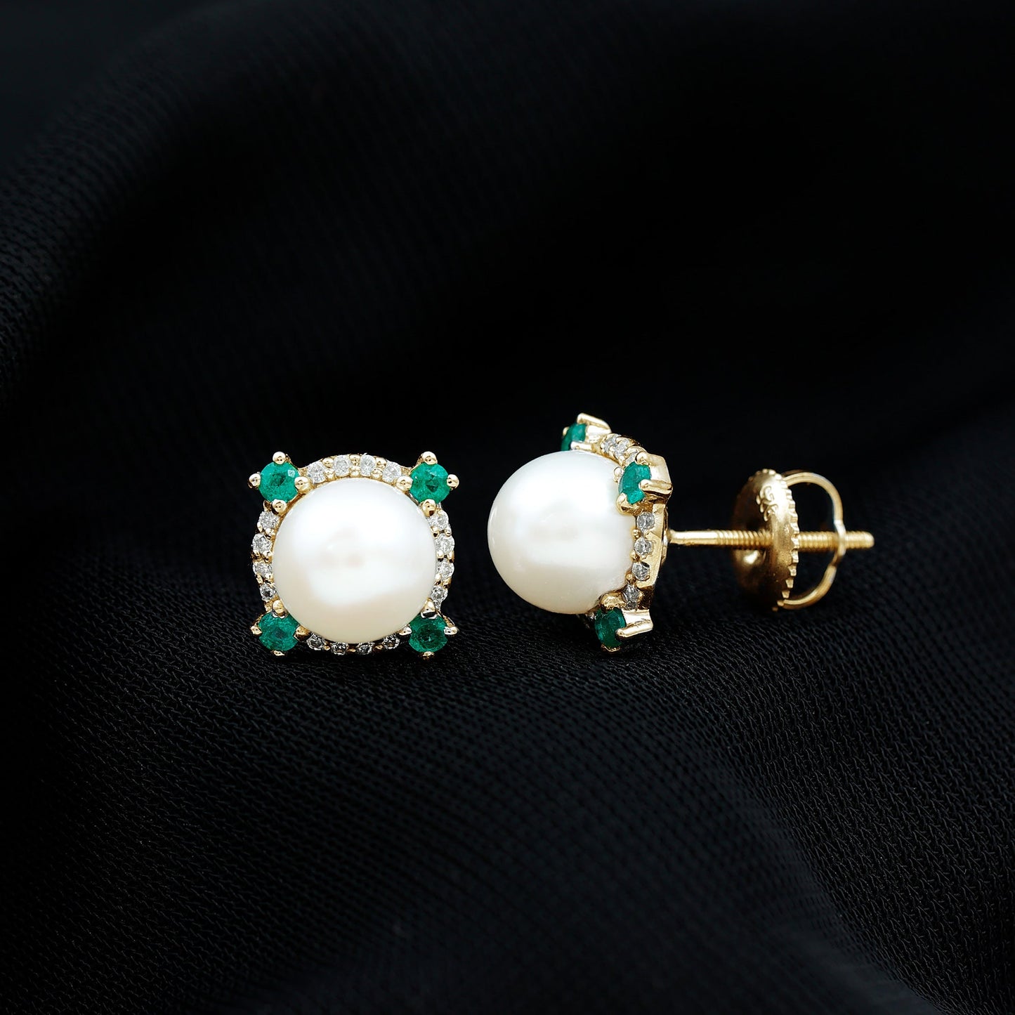 Freshwater Pearl Bridal Stud Earrings with Emerald