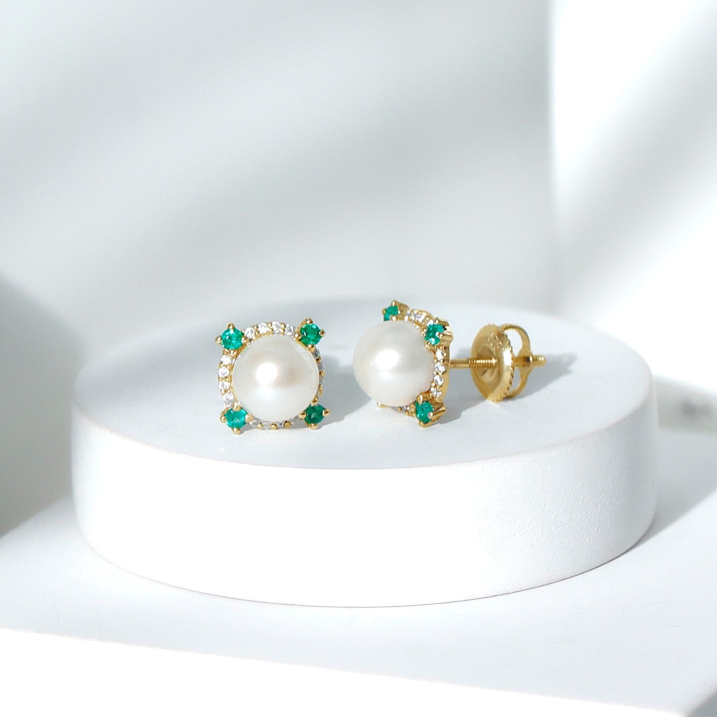 Freshwater Pearl Bridal Stud Earrings with Emerald