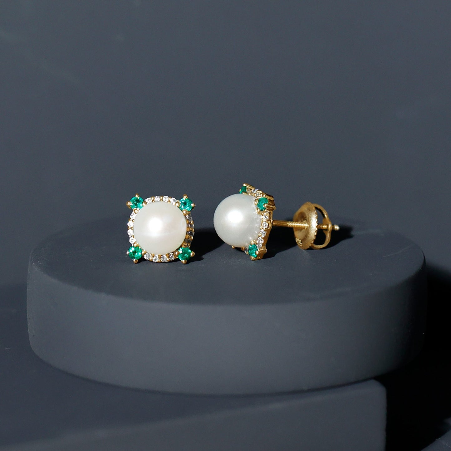 Freshwater Pearl Bridal Stud Earrings with Emerald