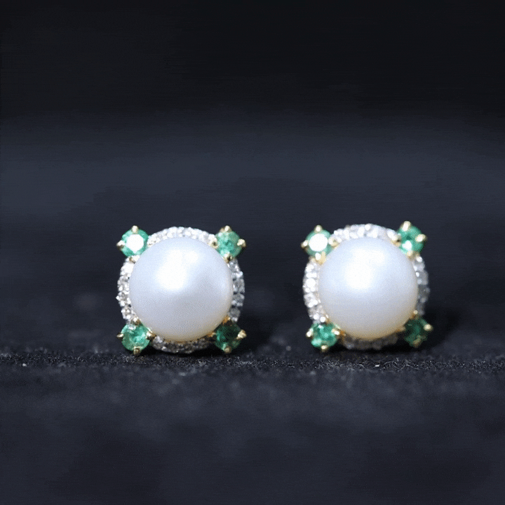 6 Carat Pearl Stud Earrings with Created Emerald and Diamond Halo