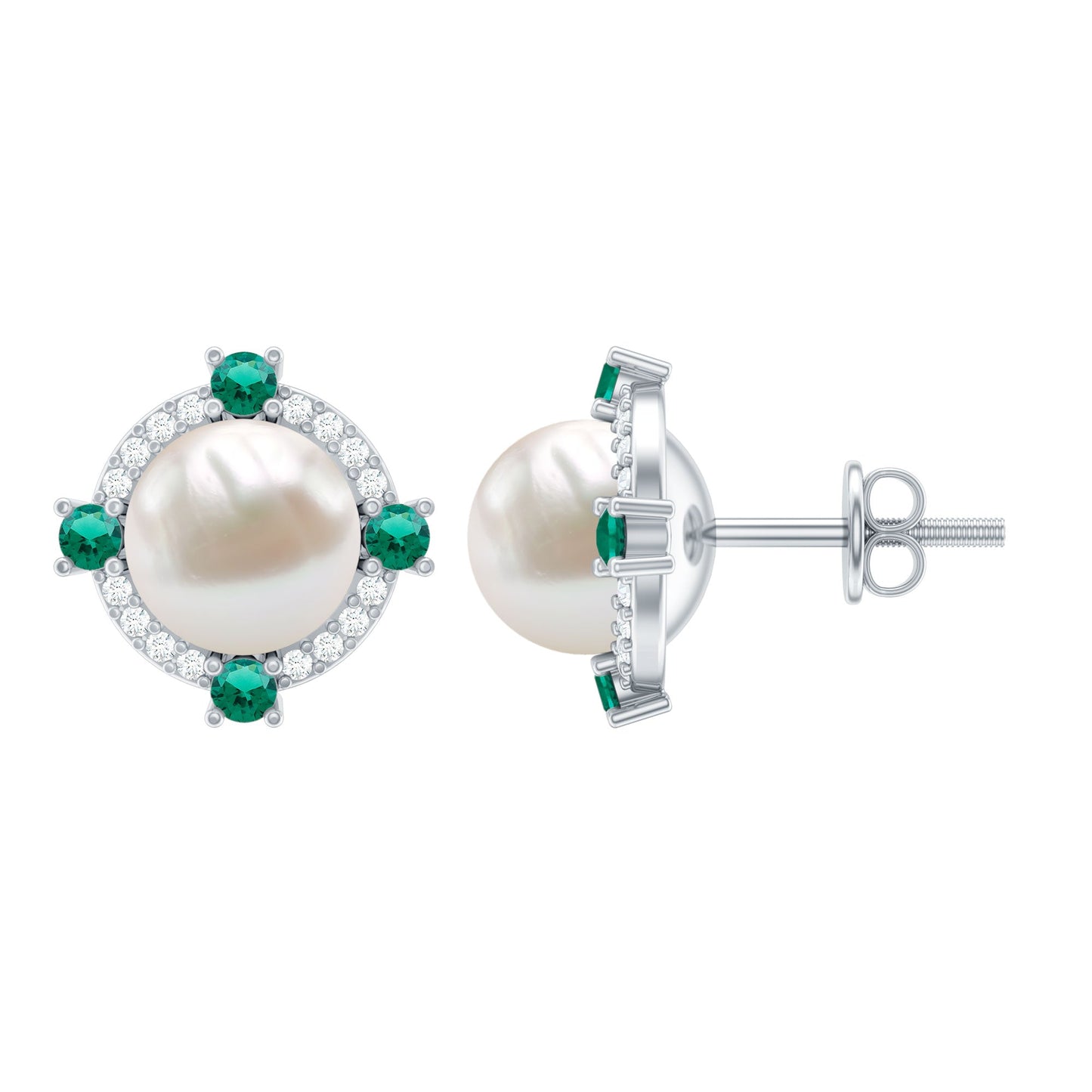 6 Carat Pearl Stud Earrings with Created Emerald and Diamond Halo