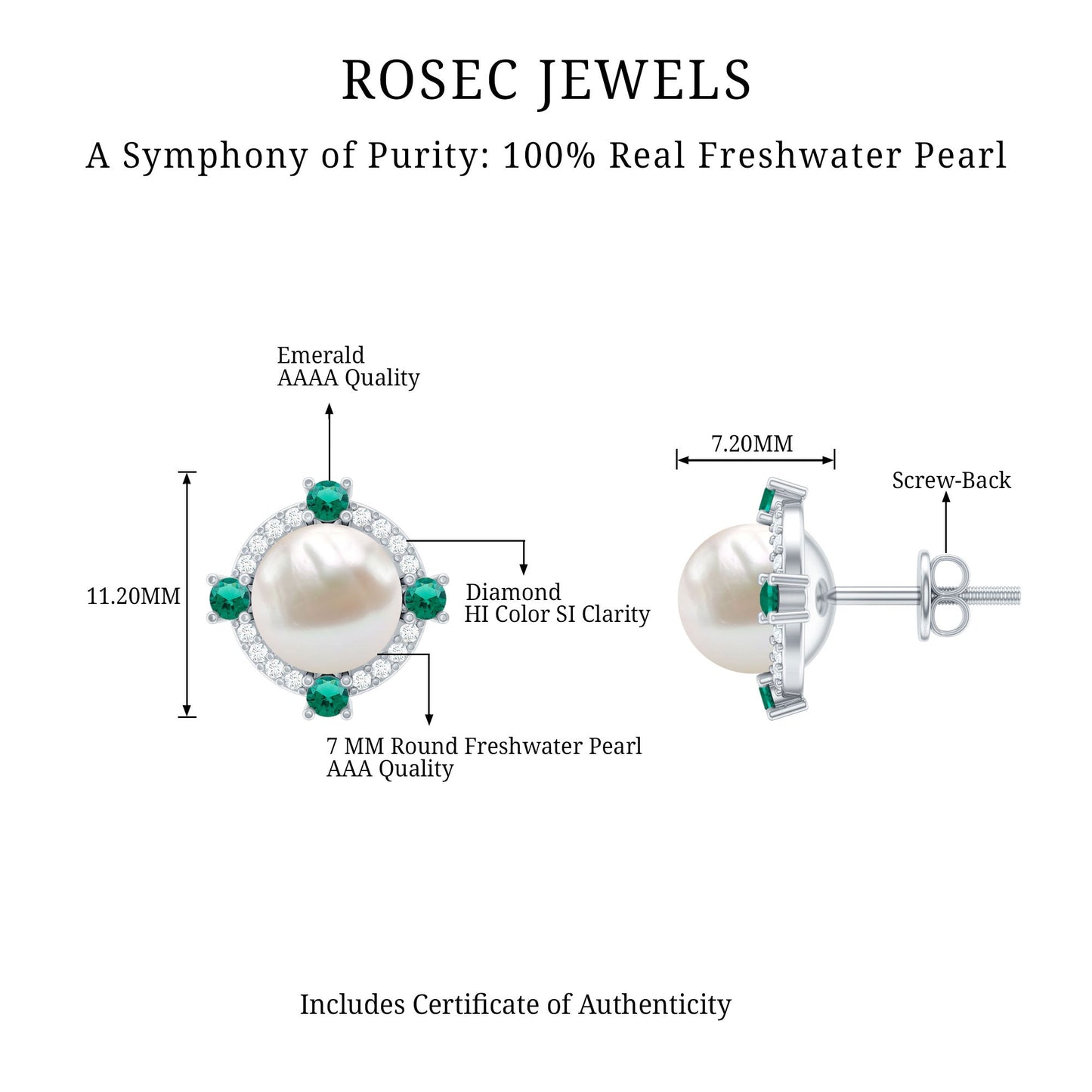 6 Carat Pearl Stud Earrings with Created Emerald and Diamond Halo