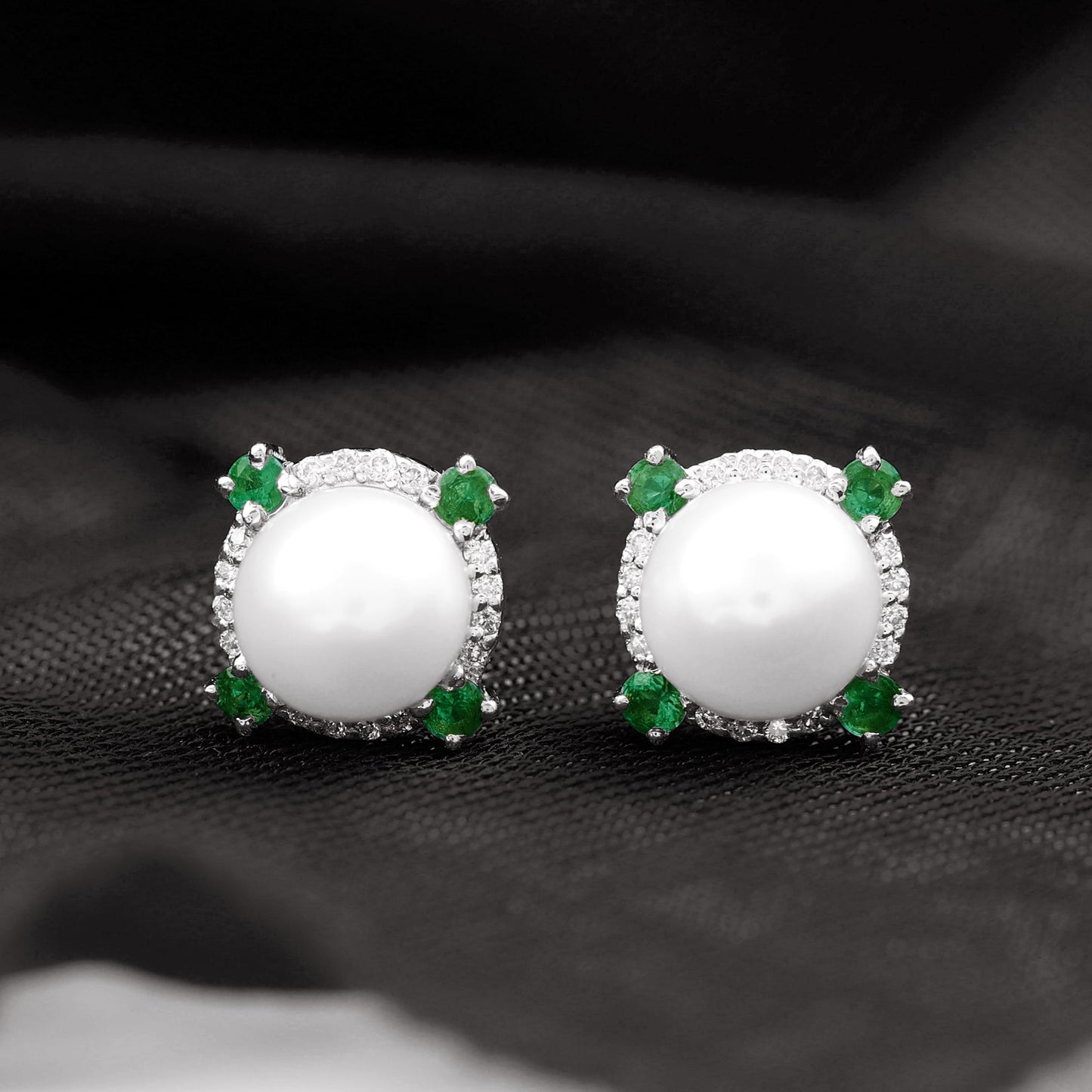 6 Carat Pearl Stud Earrings with Created Emerald and Diamond Halo