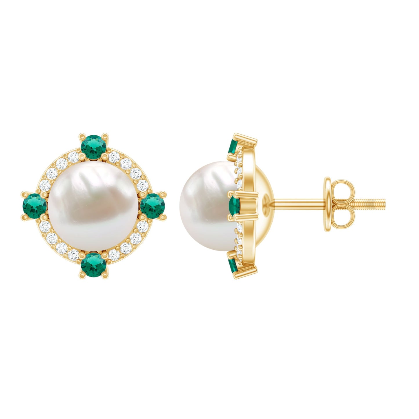 6 Carat Pearl Stud Earrings with Created Emerald and Diamond Halo