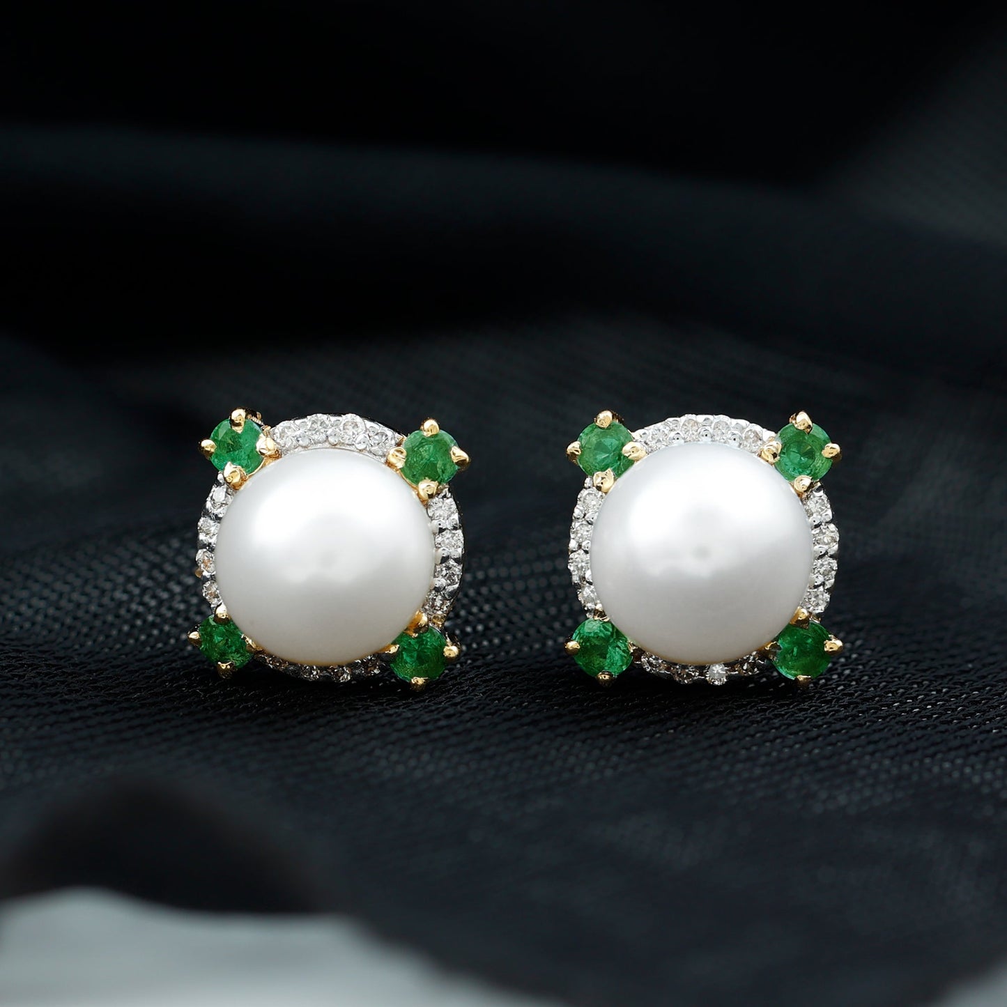 6 Carat Pearl Stud Earrings with Created Emerald and Diamond Halo