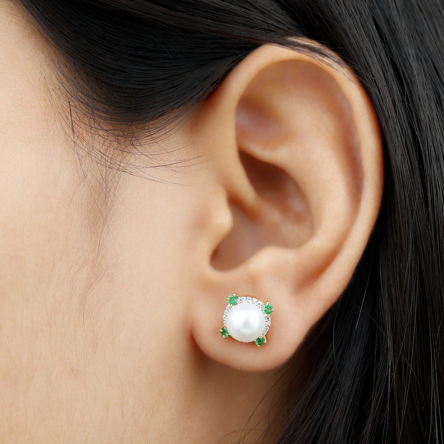 6 Carat Pearl Stud Earrings with Created Emerald and Diamond Halo