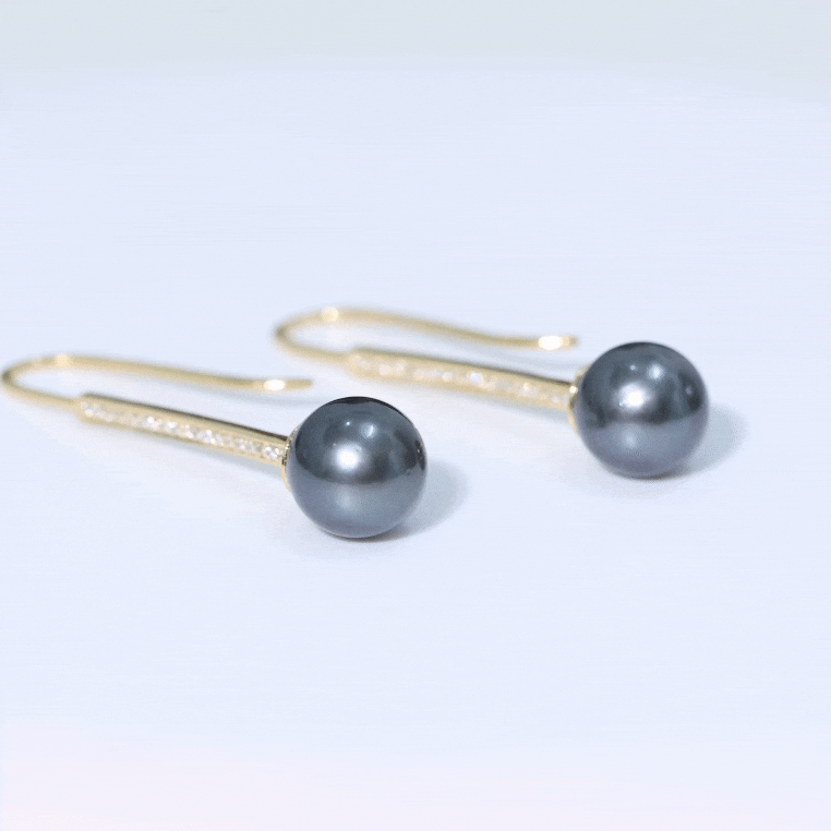 Genuine 16 CT Tahitian Black Pearl and Diamond Dangle Drop Earrings