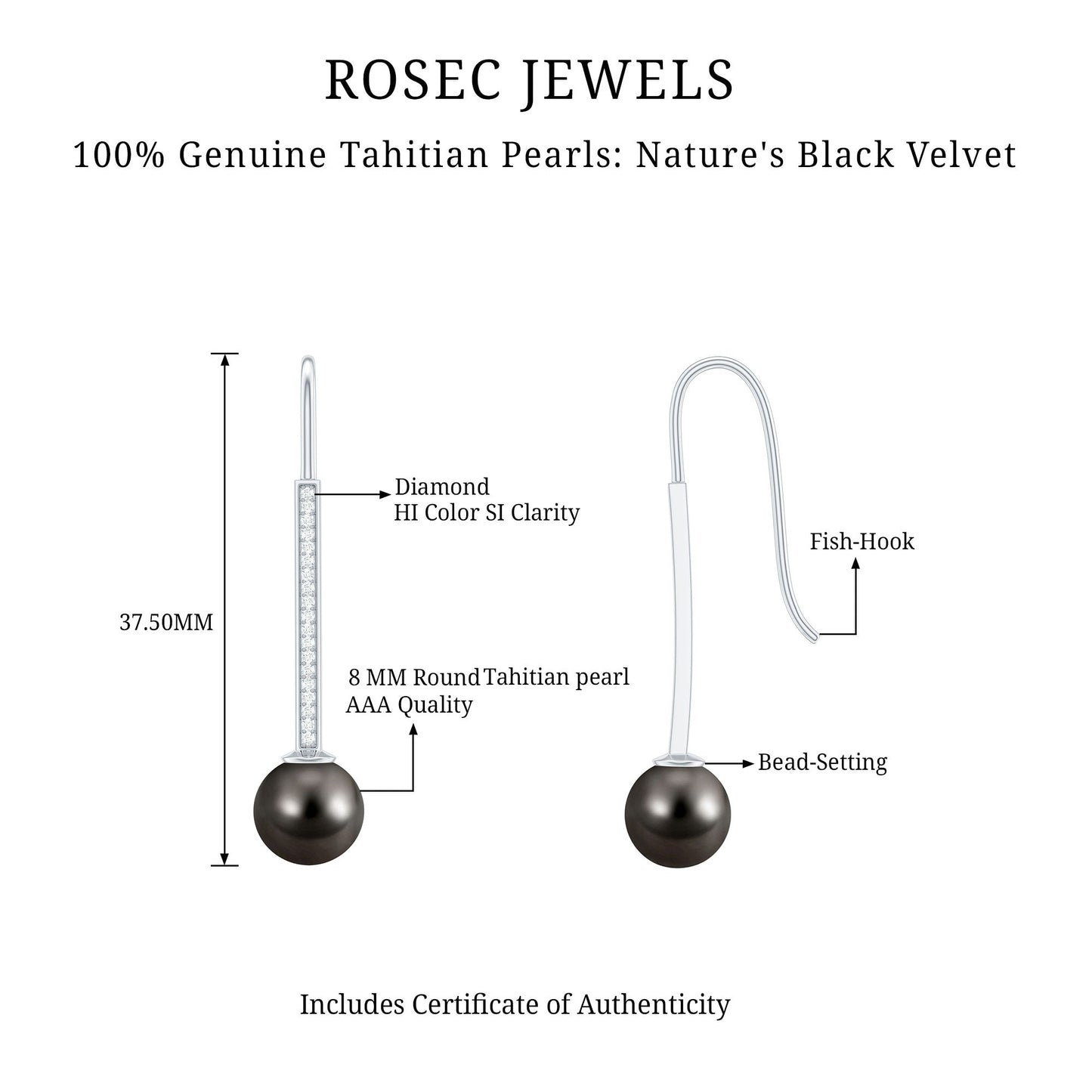 Genuine 16 CT Tahitian Black Pearl and Diamond Dangle Drop Earrings
