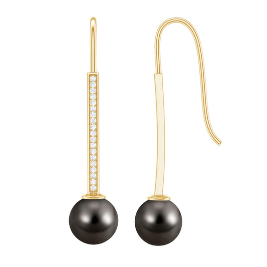 Genuine 16 CT Tahitian Black Pearl and Diamond Dangle Drop Earrings