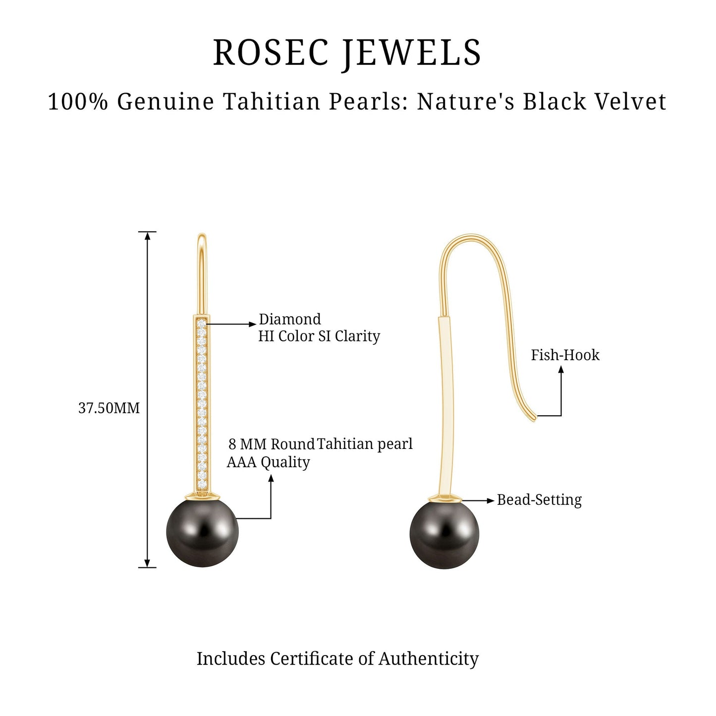Genuine 16 CT Tahitian Black Pearl and Diamond Dangle Drop Earrings