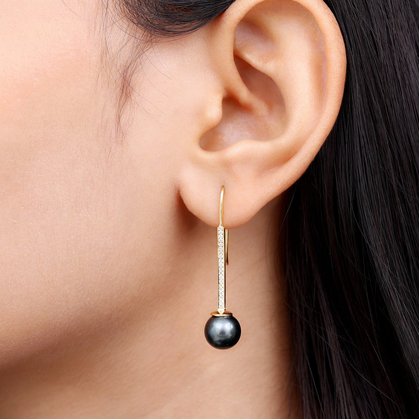 Genuine 16 CT Tahitian Black Pearl and Diamond Dangle Drop Earrings