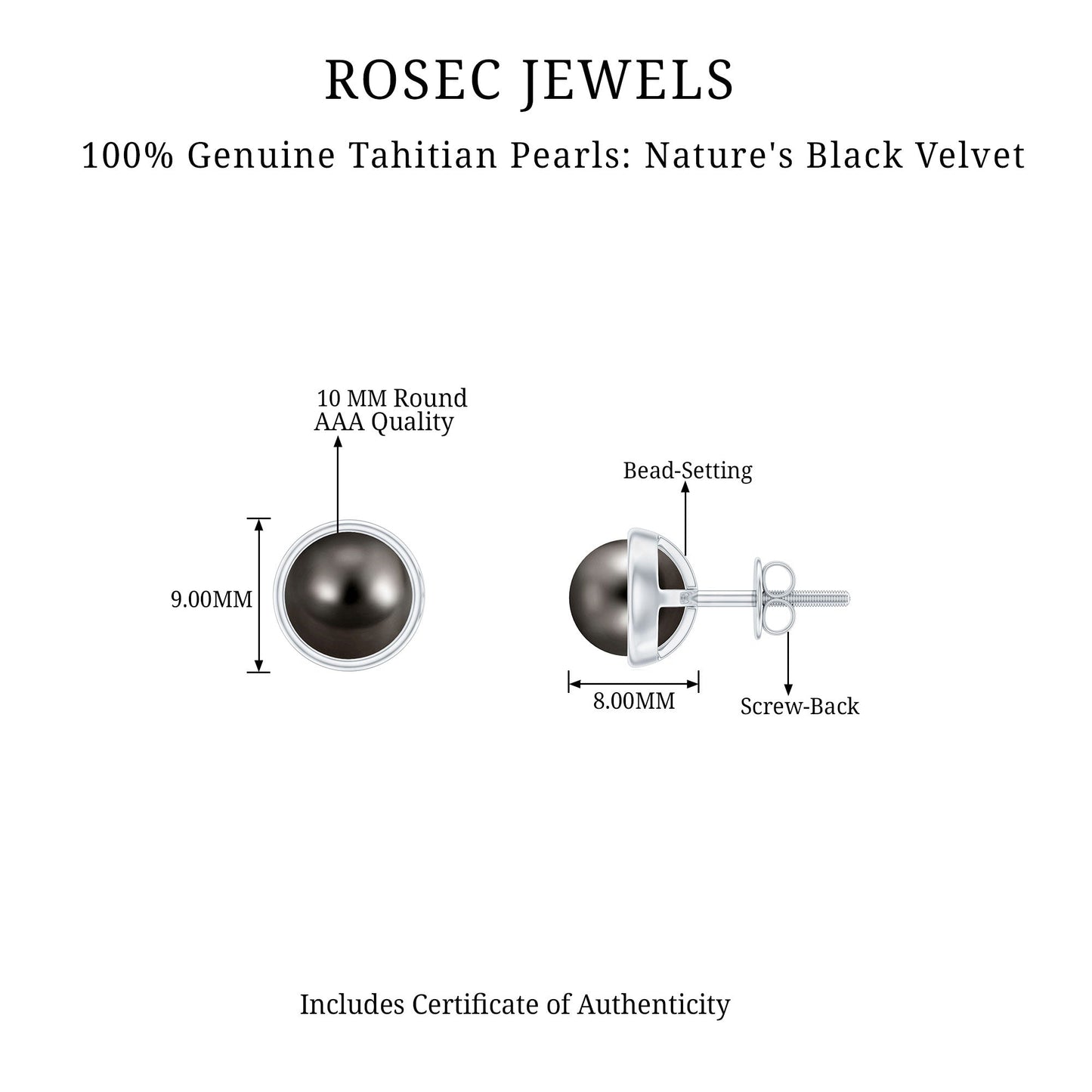Genuine 10MM Tahitian Black Pearl Stud Earring With Certificate