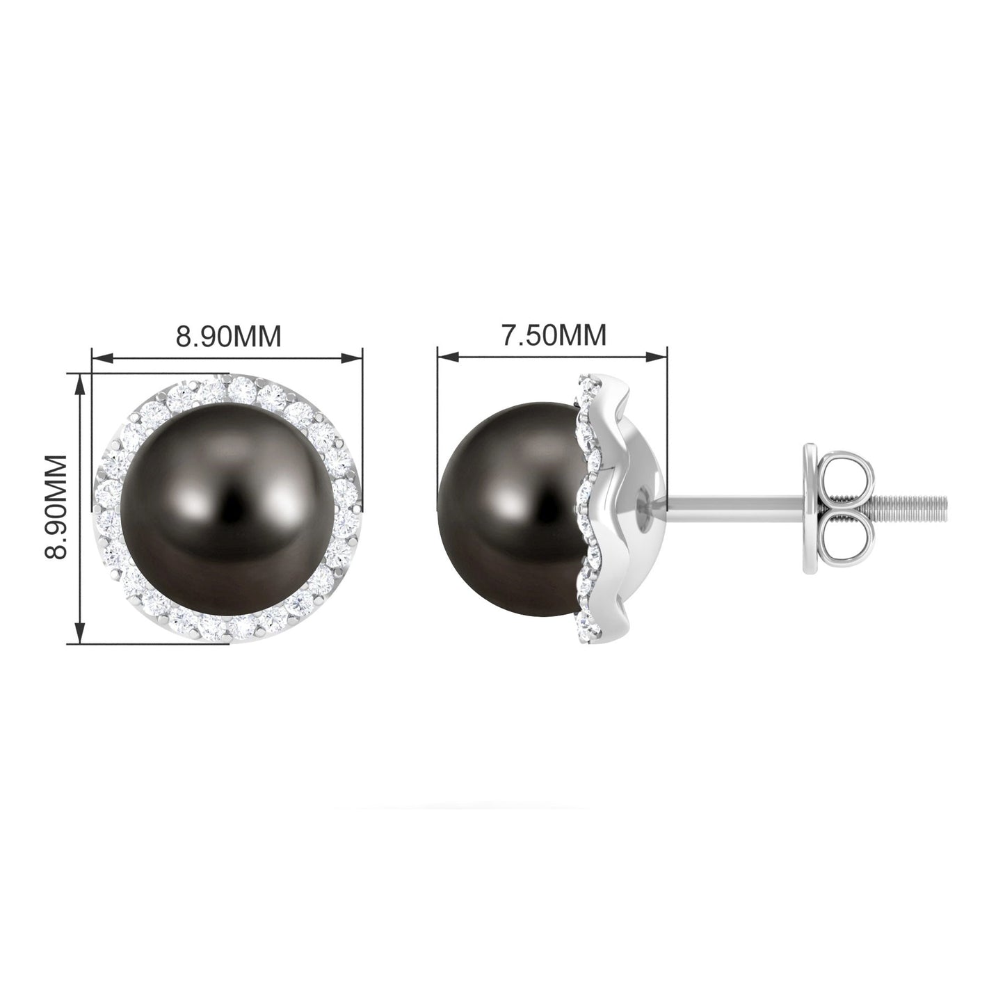 16 CT Black Pearl and Diamond Halo Stud Earrings